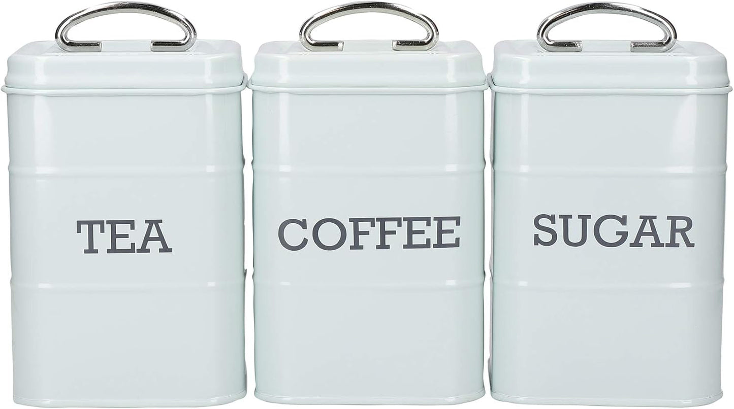 KitchenCraft Living Nostalgia set van 3 thee suiker koffie voorraadpotten in geschenkdoos staal antiek crème 11cm x 11cm x 17cm vintage blauw voedsel opbergdozen Naty Shop antiek crème