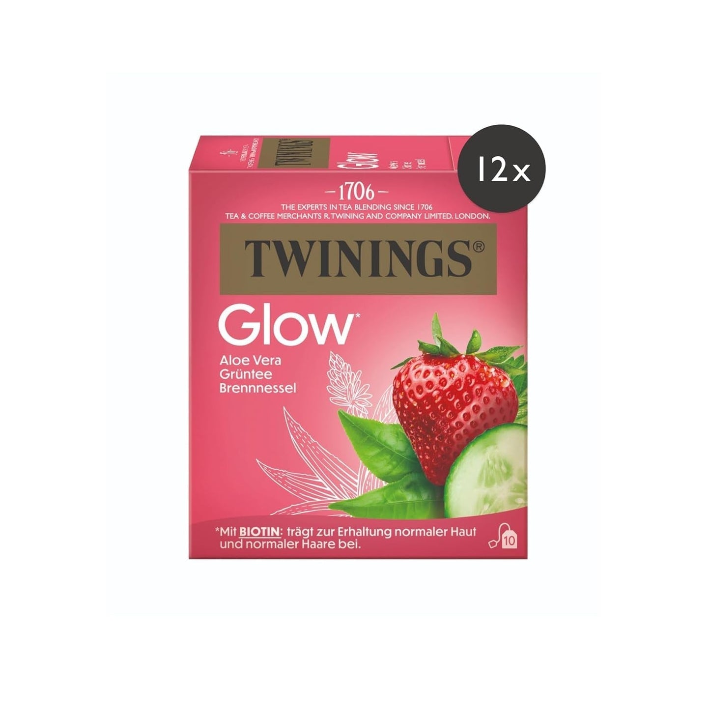 Twinings GLOW Aloë Vera & Brandnetel Groene Thee met Biotine - Kruidentheemengsel voor natuurlijke huid- en haarverzorging 12-pack (elk 10 zakjes)