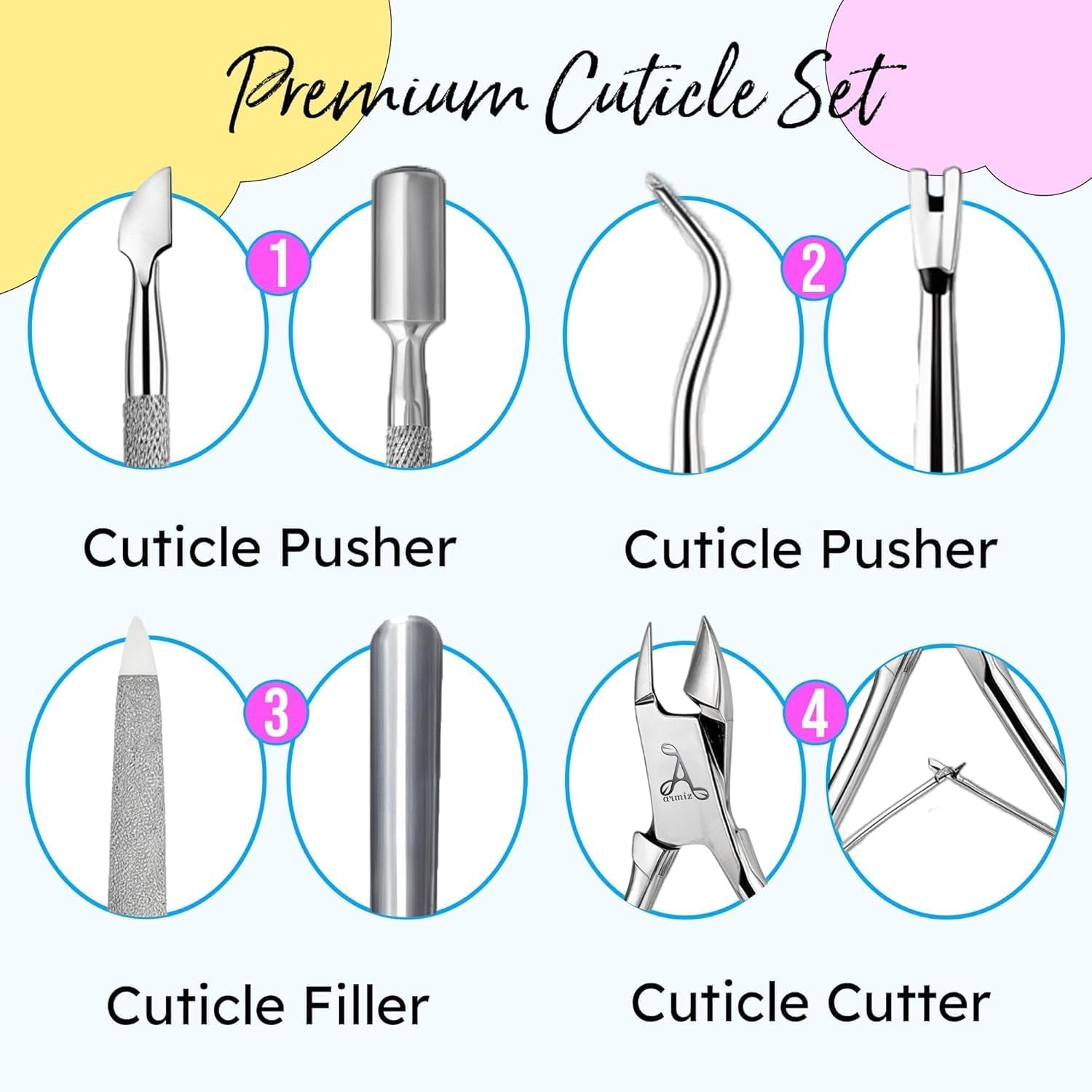 ARMIZ 4-delige nagelriemschuiver en tangenset, professionele nagelriemverwijderaarset, roestvrijstalen multifunctionele manicure-pedicuretang