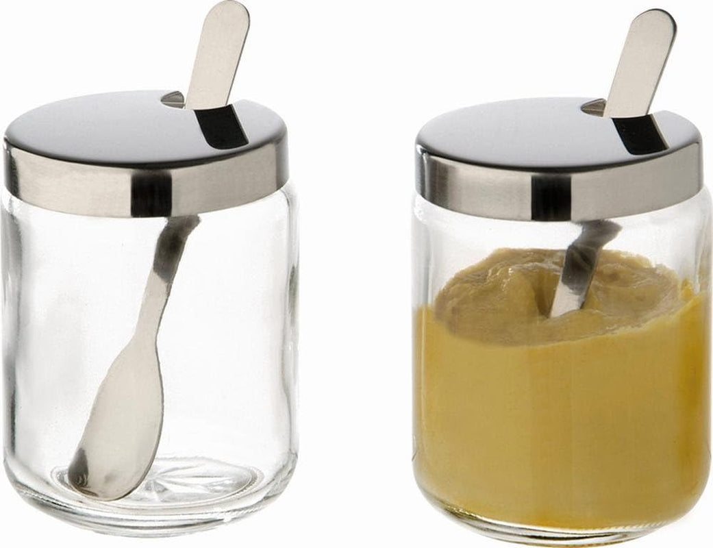 APS 40415 Mosterdpot, set van 2, elk Ø 5cm, H: 6cm, glas, RVS, incl. houder lepel en deksel