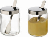 APS 40415 Mosterdpot, set van 2, elk Ø 5cm, H: 6cm, glas, RVS, incl. houder lepel en deksel