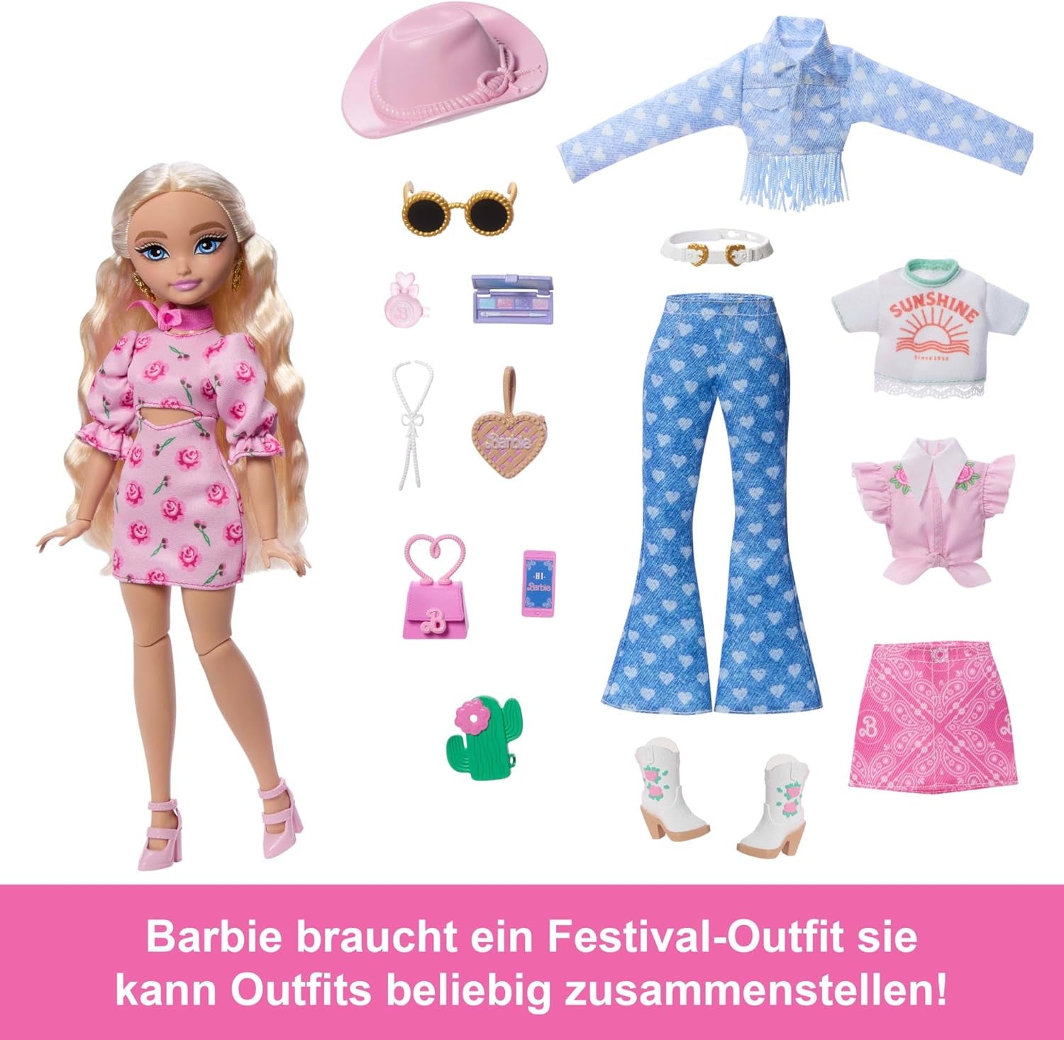 Barbie Dream Besties Festival Looks-set, met Barbie Malibu-pop met lang blond haar voor styling en meer dan 10 verwijderbare kleding en accessoires, JGH87