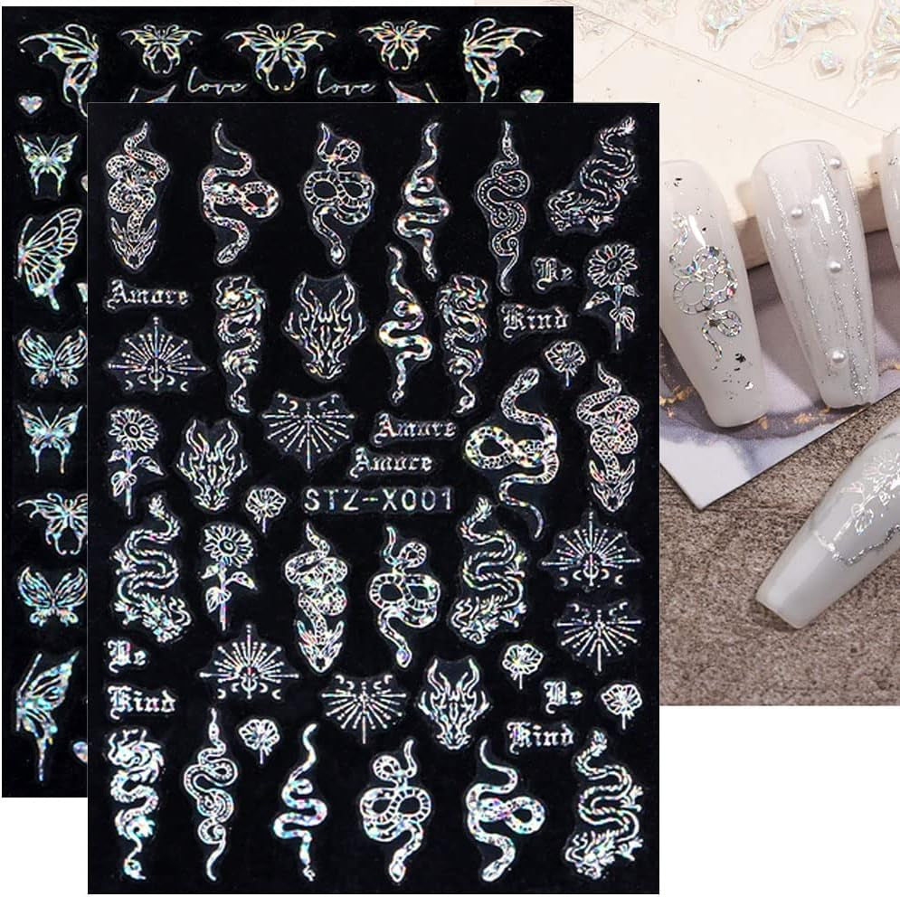 6 Blatt Schmetterling Nagelsticker Selbstklebend Laser Zilver Schmetterlings Nagelaufkleber 3D Aurora Silber Schwarz Schmetterlinge Nagelstickers Frühling Nageldesign Nagelsticker Nail Art Zubehör