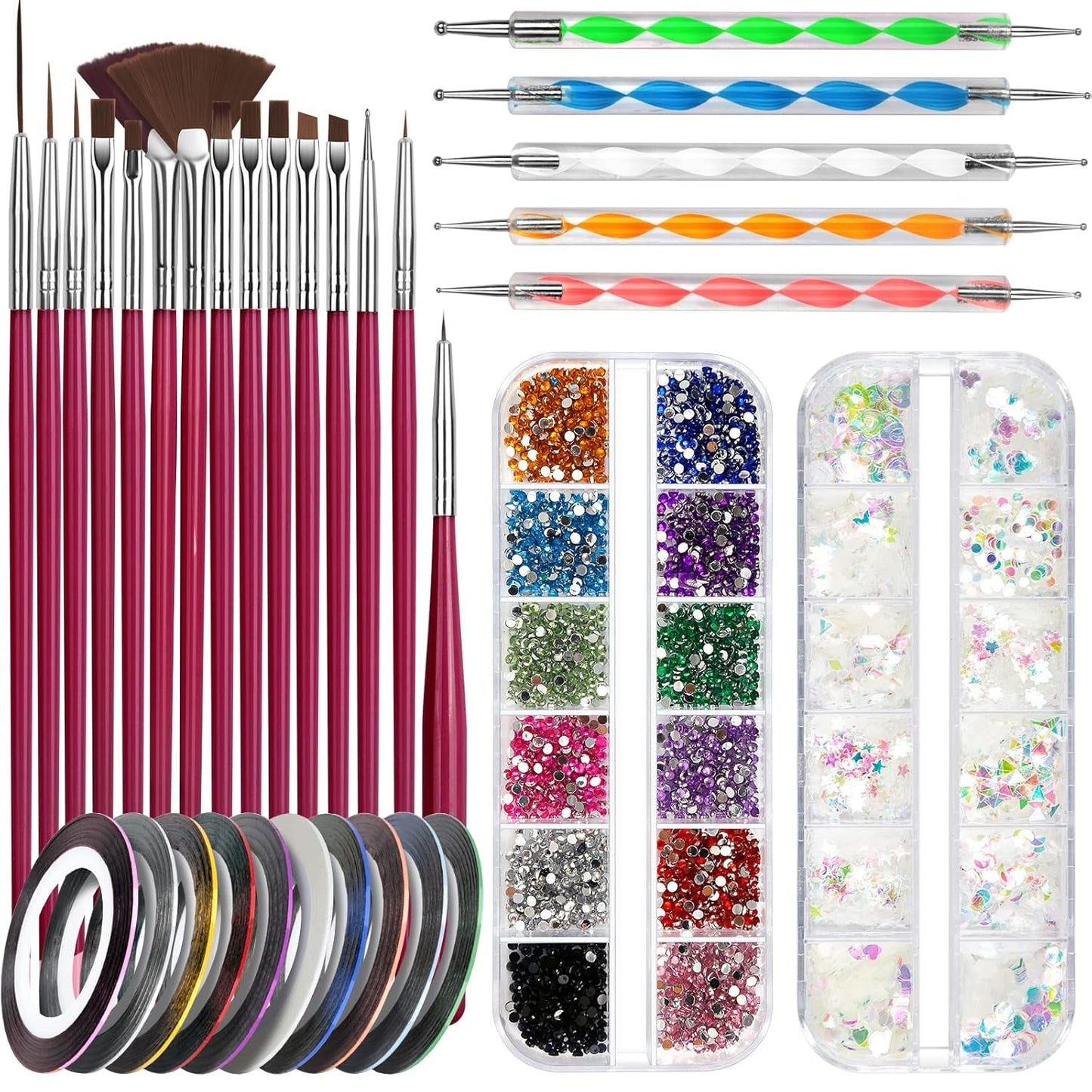 FANDAMEI Nail Art Brush Set, 15 Stücke Pinsel Für Gelnägel Nagel Pinsel, 5 Stücke Dotted Pen, 10 Rolle Streifenband Nägel, Strasssteine ​​​​Nägel, Ultra Dünn Nagel Pailetten voor Nagelkunst Maniküre Set