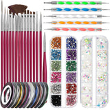 FANDAMEI Nail Art Brush Set, 15 Stücke Pinsel Für Gelnägel Nagel Pinsel, 5 Stücke Dotted Pen, 10 Rolle Streifenband Nägel, Strasssteine ​​​​Nägel, Ultra Dünn Nagel Pailetten voor Nagelkunst Maniküre Set