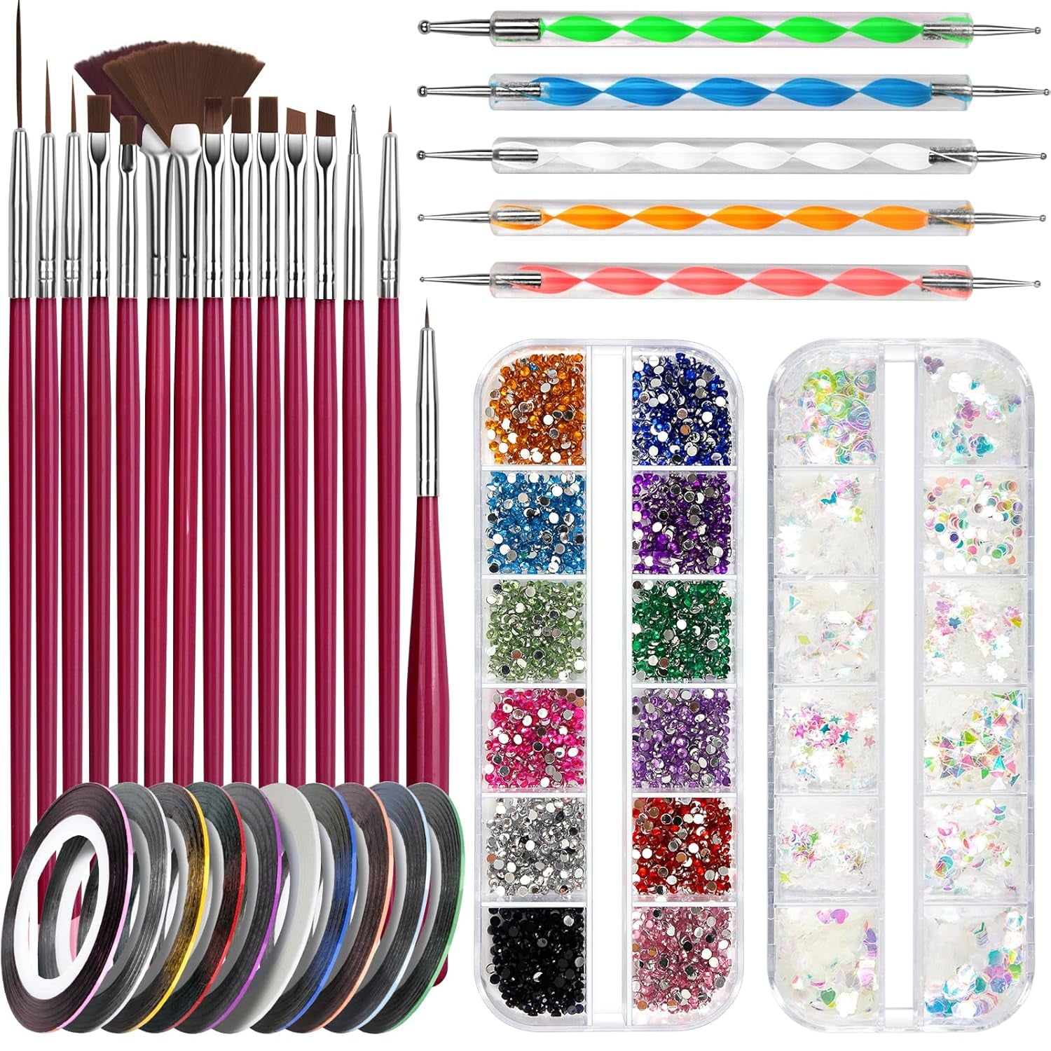 FANDAMEI Nail Art Brush Set, 15 Stücke Pinsel Für Gelnägel Nagel Pinsel, 5 Stücke Dotted Pen, 10 Rolle Streifenband Nägel, Strasssteine ​​​​Nägel, Ultra Dünn Nagel Pailetten voor Nagelkunst Maniküre Set