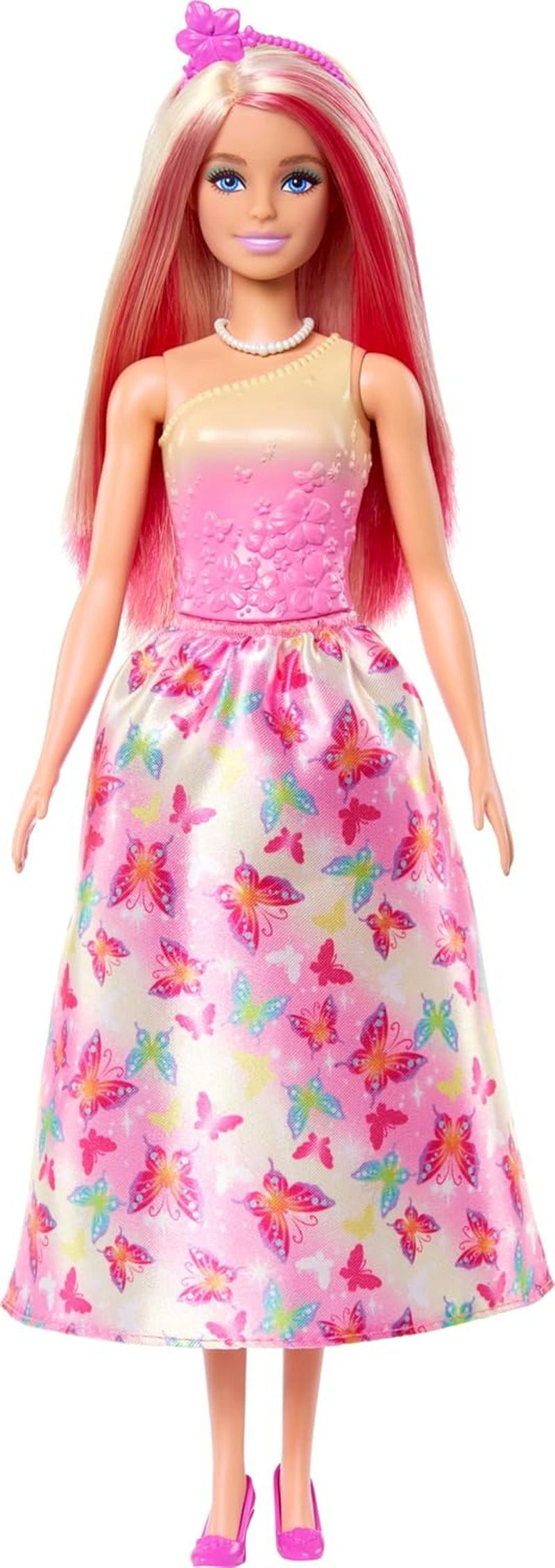 Koninklijke Barbie-pop met blond en roze fancy haar, kleurrijke accessoires, roze topje met kleurverloop en vlinderrok, HRR08 Naty Shop-poppen