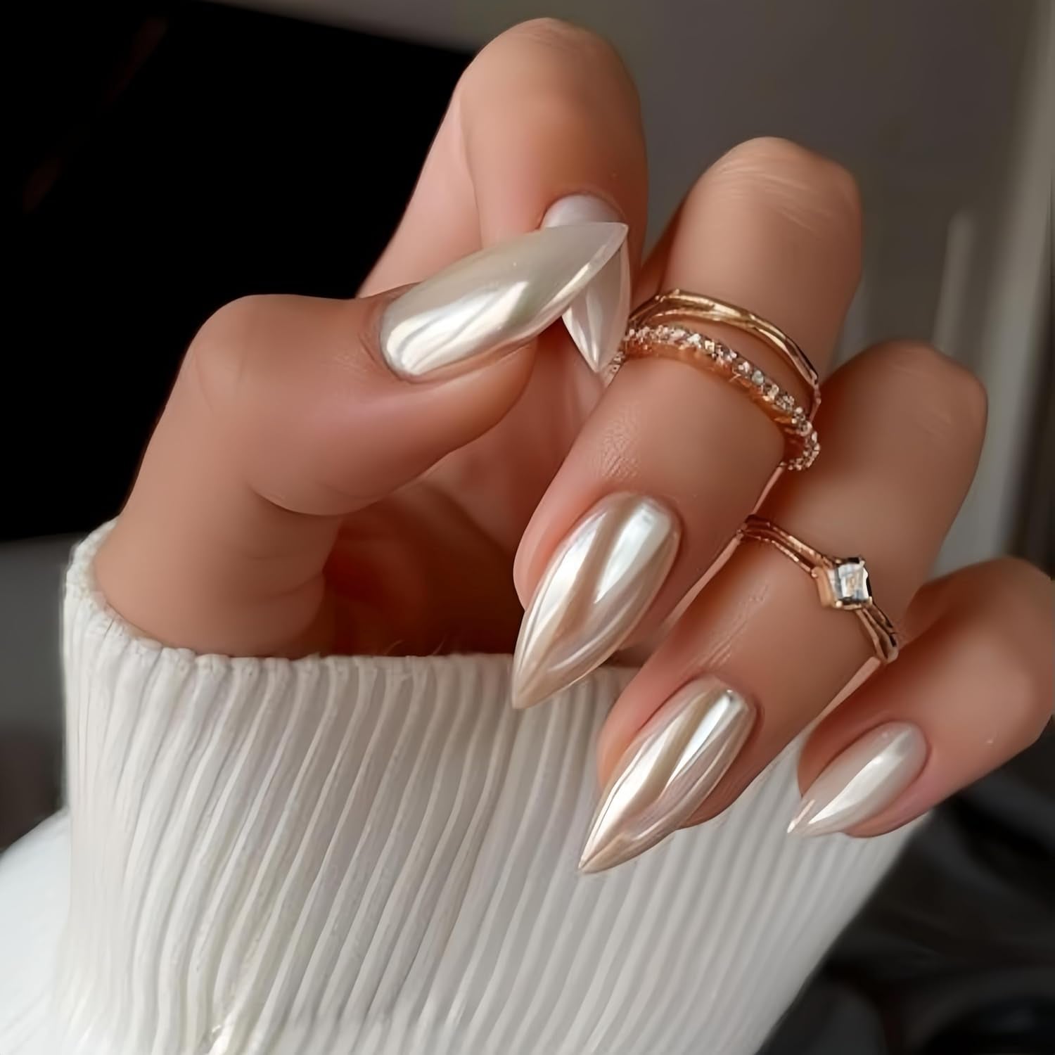 Zelfklevende chroomnagels - Medium amandelbruin Glitterlijm op nagels Glitter nepnagels Lijm op kunstnagels Geglazuurde acrylnagels voor dames 24 stuks