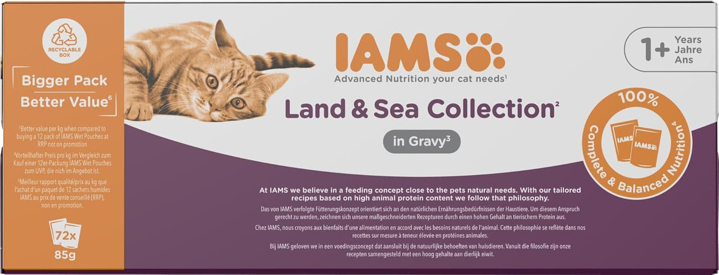 IAMS Delights Land & Sea Collection Natvoer voor katten - vlees- en visassortiment Multipack in saus, natvoer voor katten vanaf 1 jaar, 72 x 85 g