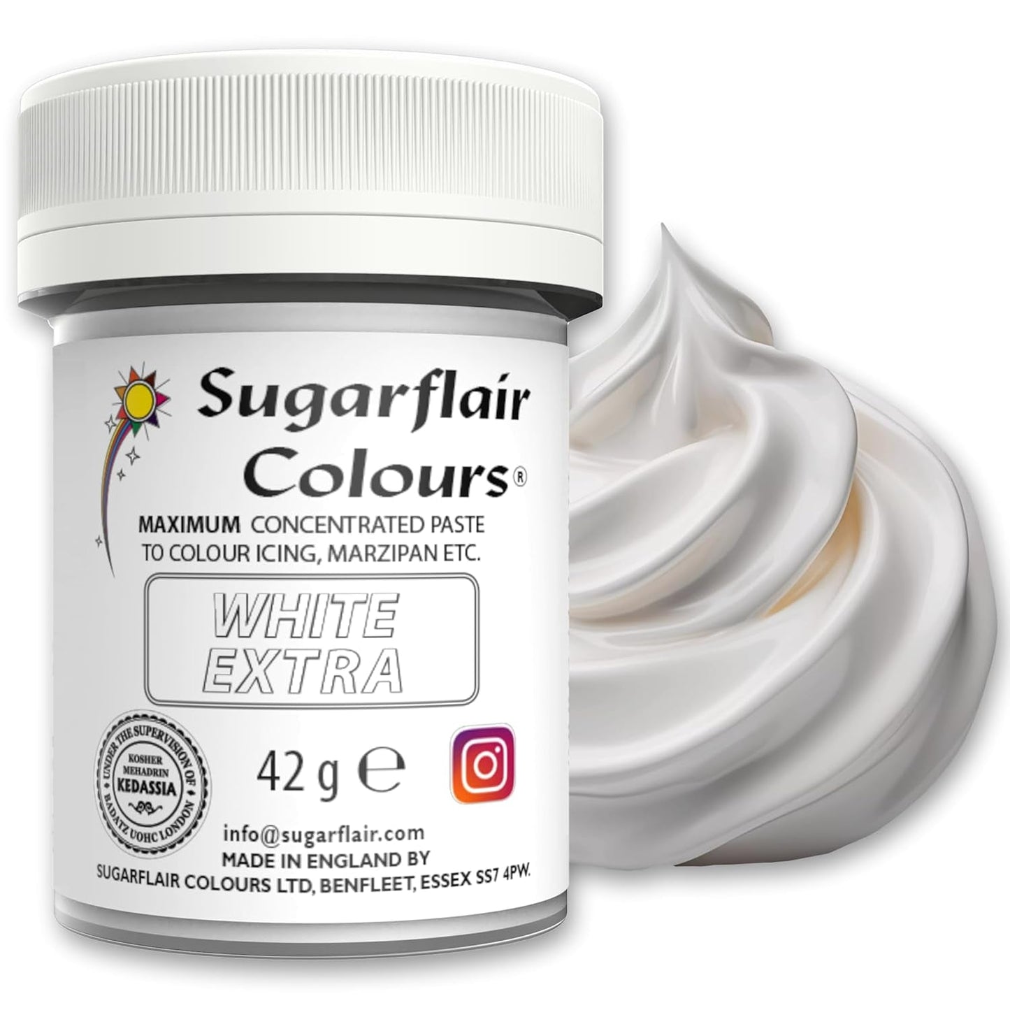 Kleurstof Sugarflair Max Concentrated White Extra, sterk geconcentreerde kleurstof voor marsepein en fondant, pastakleuring Max Concentrate - 42 g