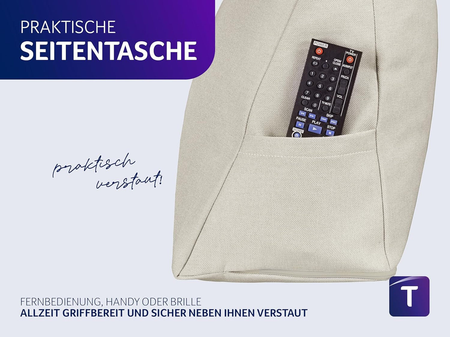 Traumnacht Cosy Back kussen, leeskussen, 70 x 40 cm beige, afneembare en wasbare hoes van 100% polyester, praktisch zijvak, Oeko-Tex gecertificeerd, geproduceerd volgens Duitse kwaliteitsnormen
