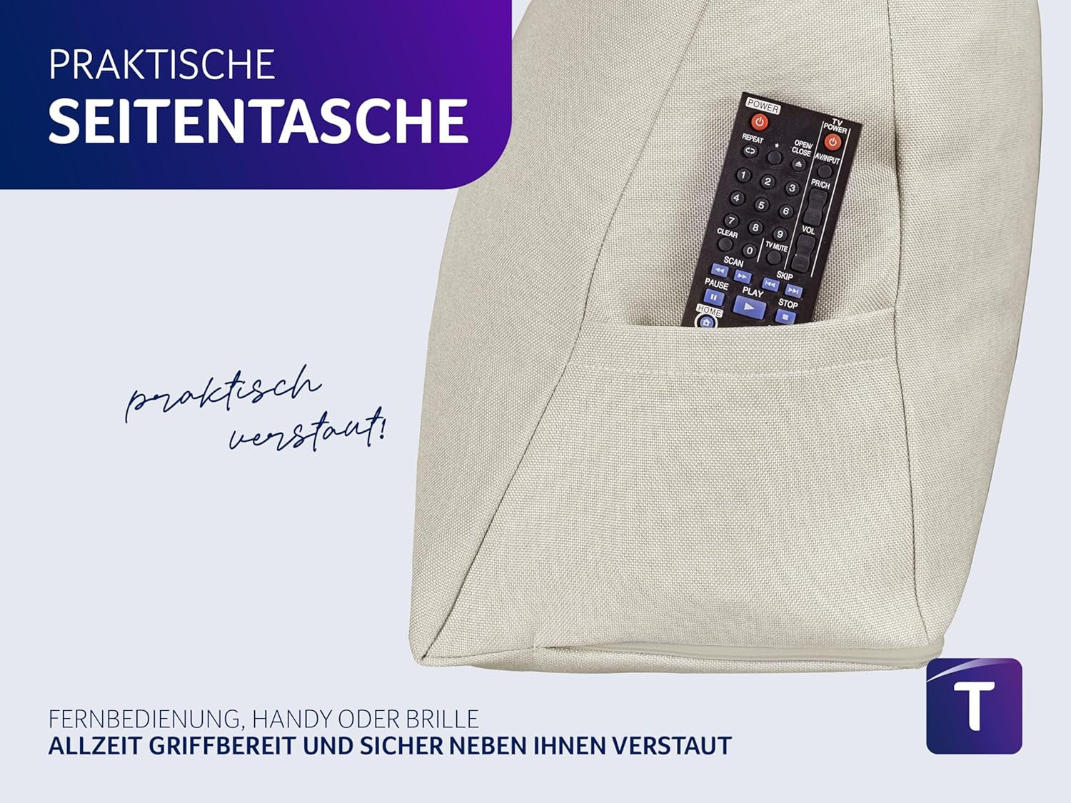 Traumnacht Cosy Back kussen, leeskussen, 70 x 40 cm beige, afneembare en wasbare hoes van 100% polyester, praktisch zijvak, Oeko-Tex gecertificeerd, geproduceerd volgens Duitse kwaliteitsnormen
