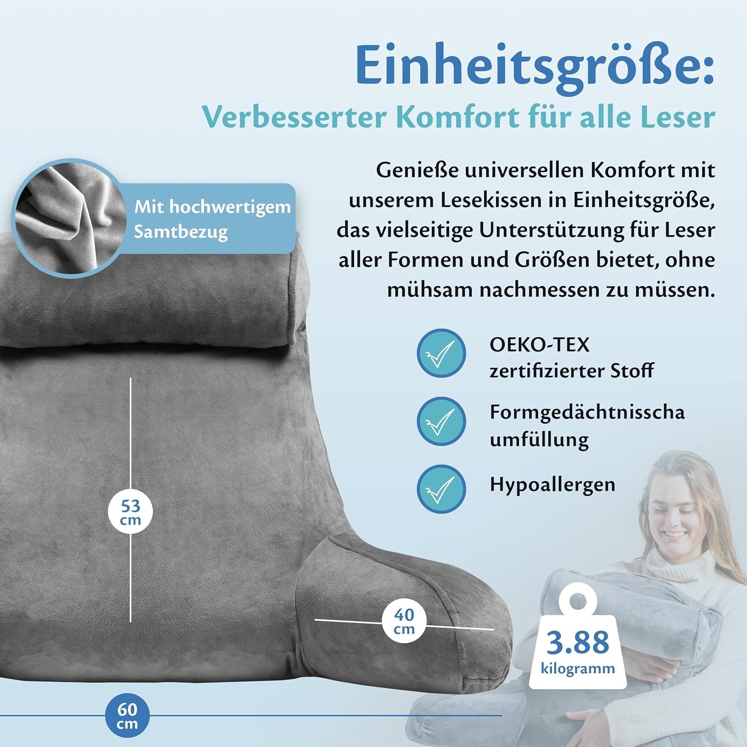 Ella Leeskussen voor bed en bank met afneembare nekrol - Rugkussen voor bed - Memory Foam Leeskussen met armleuningen, Ideaal om te lezen, TV te kijken, te ontspannen of als rugsteun - Grijs