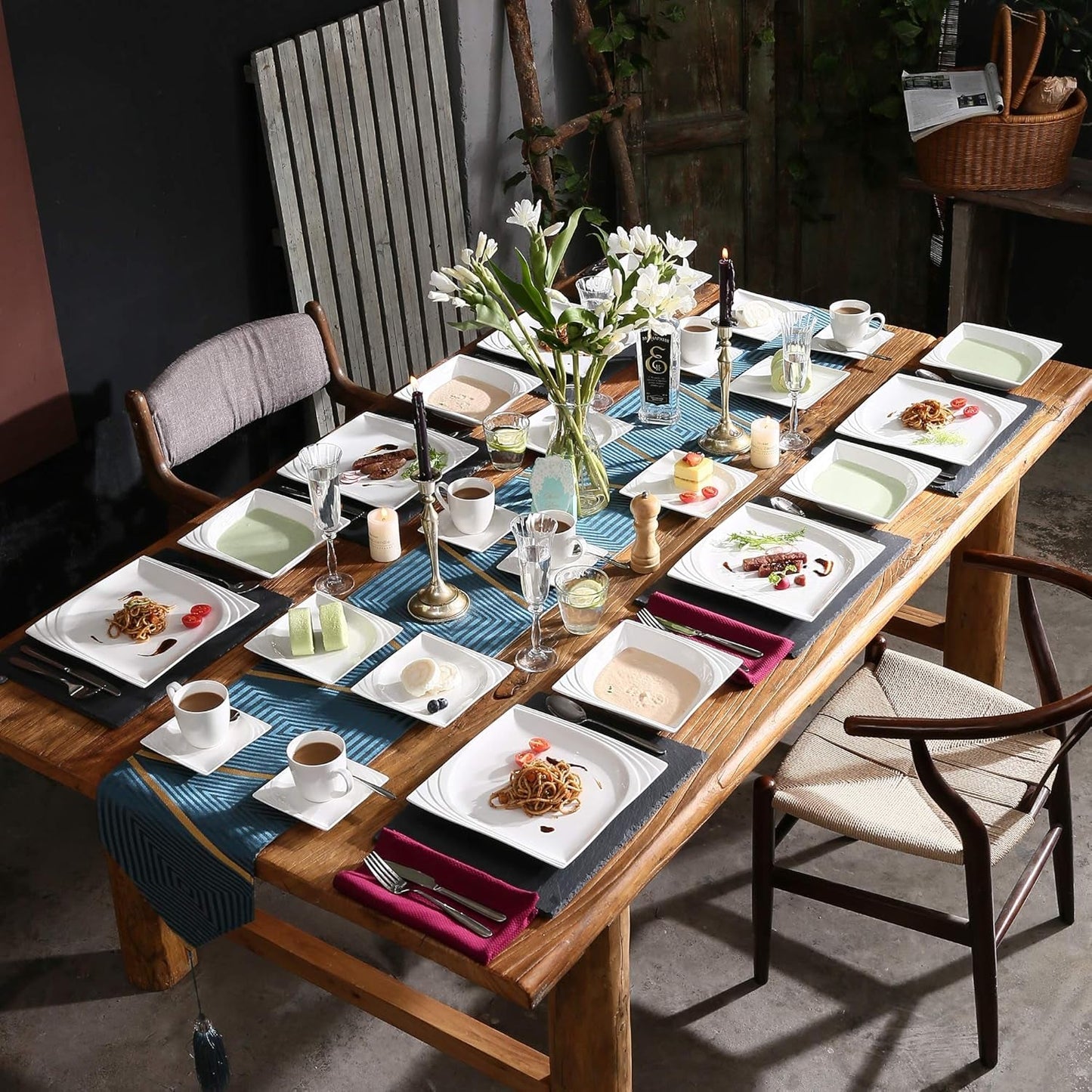 MALACASA, Monica Serie, Serviesset voor 12 personen, Wit-crème porselein, Gecombineerd servies met 12 koffiekopjes, 12 schotels, 12 dessertborden, 12 dinerborden en 12 dinerborden