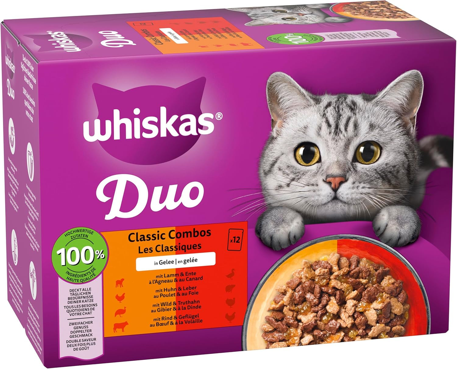 WHISKAS Duo-zakjes voor porties natvoer, multipack, klassieke combinatie in gelei, 12 x 85 g
