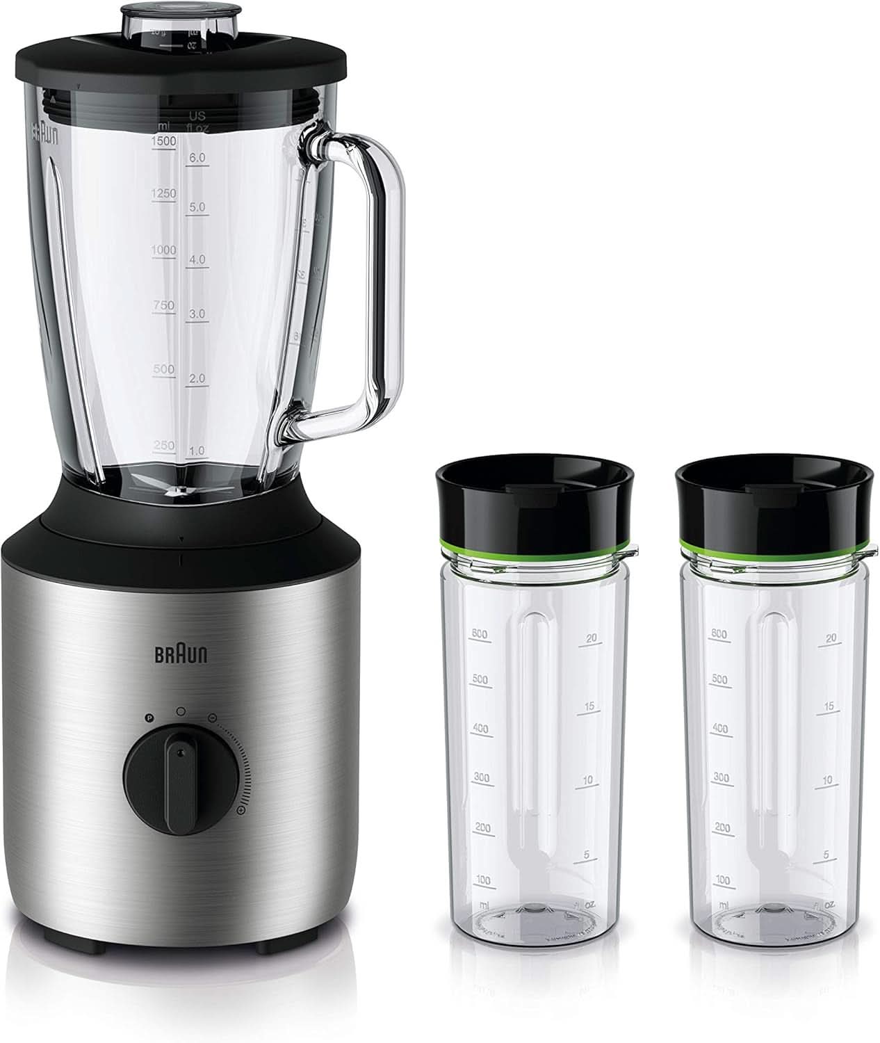 Braun Powerblend 3 JB 3150 BK Keukenmixer - 1,5 L Glas-Mixaufsatz, Küchenhelfer Zum Zerkleinern, Pürieren & Mixen, 800 Watt, Schwarz Kitchen Naty Shop Edelstahl/Schwarz Single