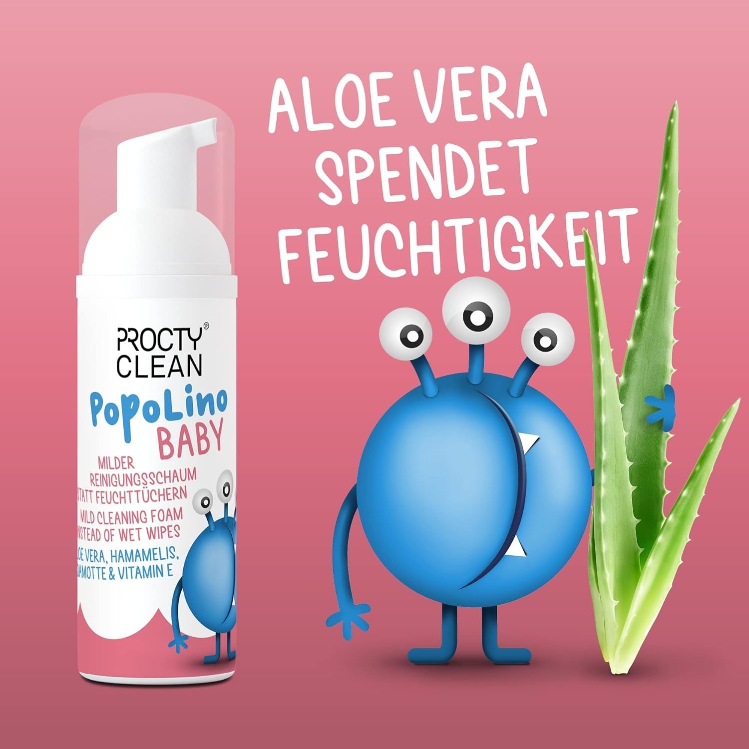PopoLino Baby zachte bodemschuim in plaats van natte babydoekjes. Veganistisch en natuurlijk cosmetisch reinigingsschuim! Bodemschuim met aloë vera, toverhazelaar, bergamot en vitamine E. Maakt de billen en het milieu blij.