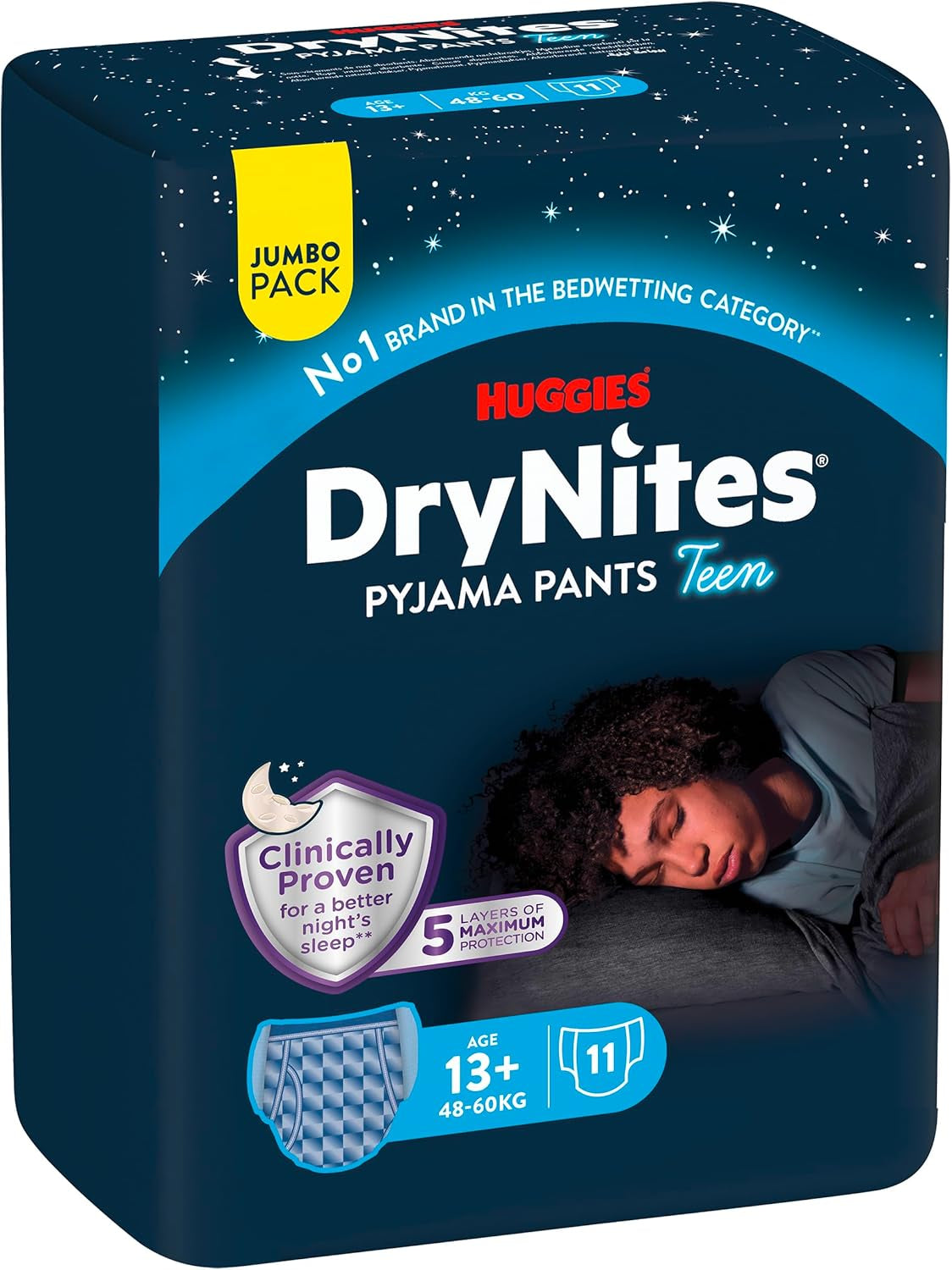 Huggies DryNites nachtelijke bedplassenluiers, jongens 13-ongeveer 17 jaar (48-60kg), 33 stuks (3x11), Jumbo maandpakket, XL slips