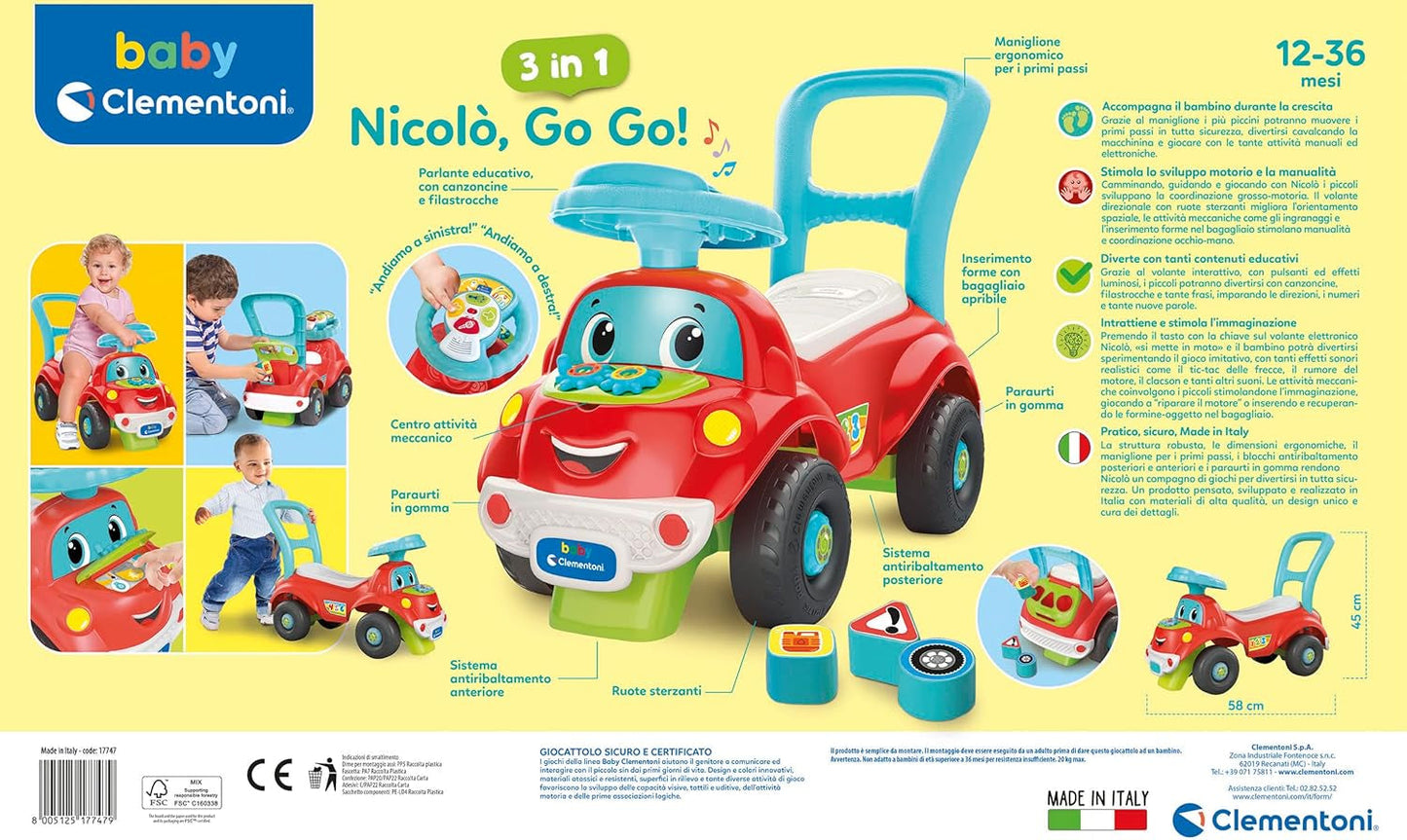 Clementoni - 17747 - Nicolò Go Go 3 in 1 - Rijdende auto, elektronische leerluidspreker, eerste stapjes, licht en geluid, spel voor 1-jarigen - Made in Italy Bebe Toys Naty Shop