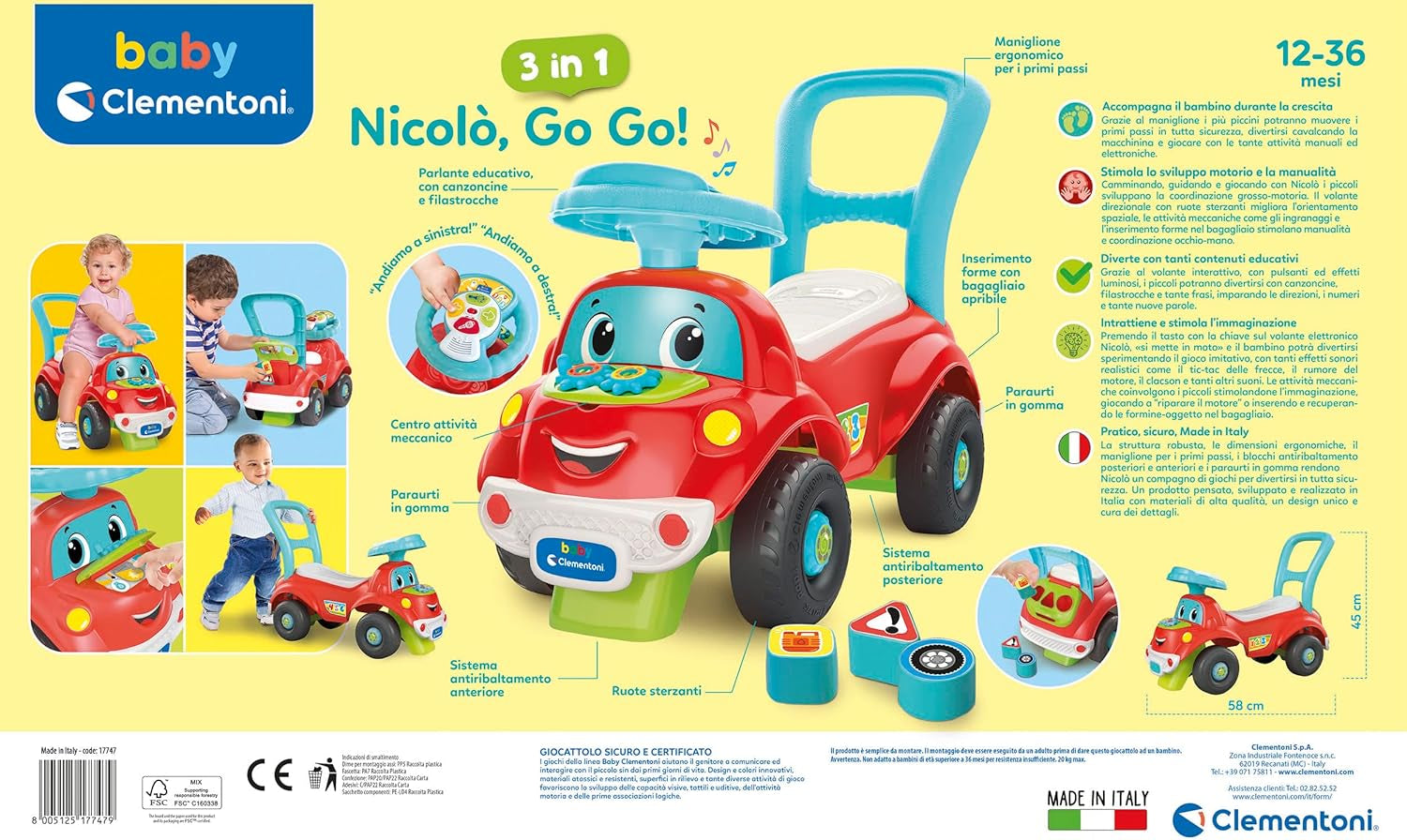Clementoni - 17747 - Nicolò Go Go 3 in 1 - Rijdende auto, elektronische leerluidspreker, eerste stapjes, licht en geluid, spel voor 1-jarigen - Made in Italy Bebe Toys Naty Shop