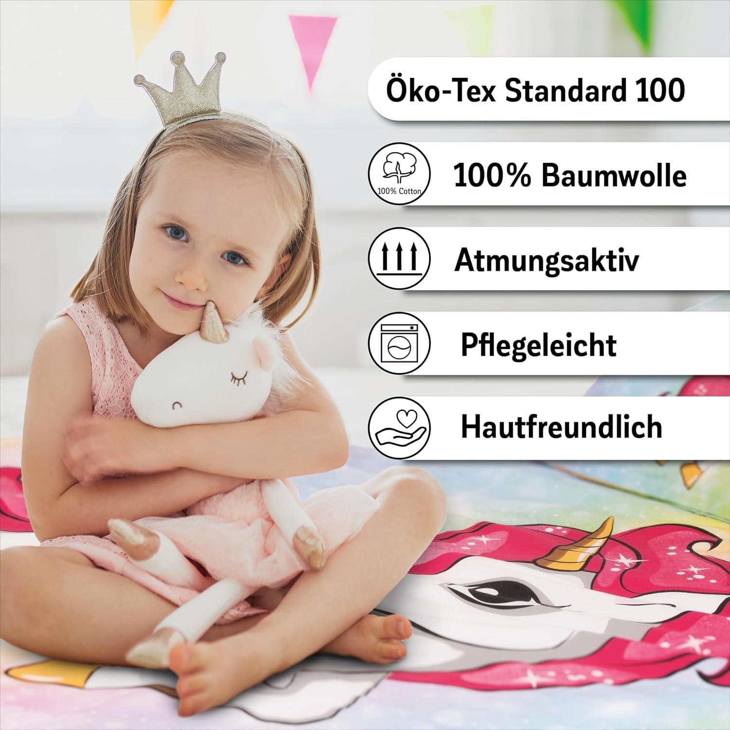 Beddengoed voor meisjes, Eenhoorn, 100 x 135 cm en 40 x 60 cm, katoenen beddengoed - kinderen Naty Shop