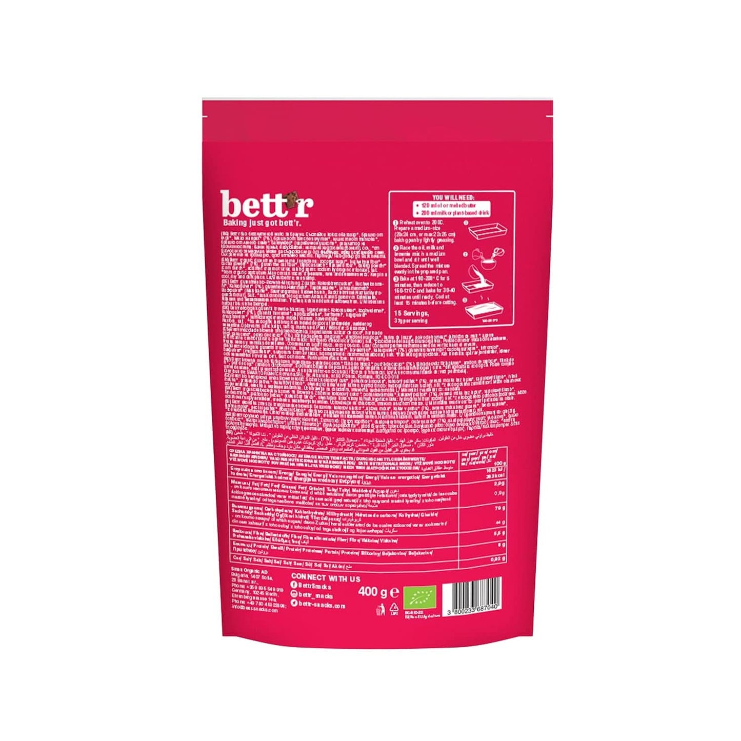 Bettr Organic Brownie Mix - Biologische, vegan en glutenvrije brownies met rijke cacaosmaak, 6 x 400 gram Kitchen Naty Shop