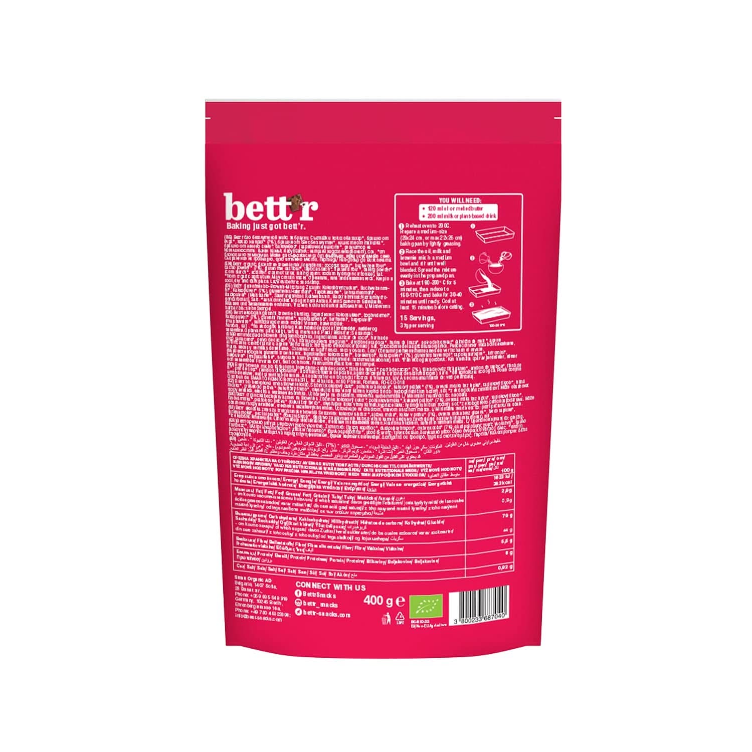 Bettr Organic Brownie Mix - Biologische, vegan en glutenvrije brownies met rijke cacaosmaak, 6 x 400 gram Kitchen Naty Shop