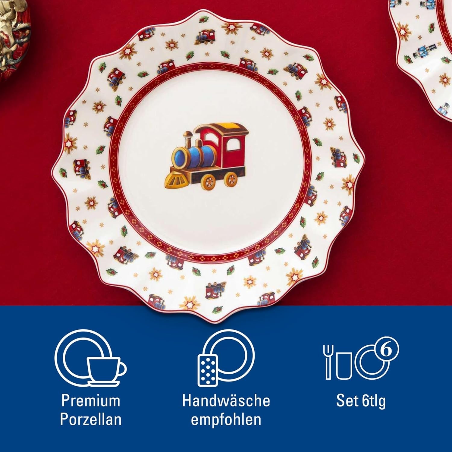 Villeroy & Boch - Toy's Delight ontbijtset voor 2 personen, locomotiefontwerp, 6-delig, kleurrijk, Kerstmis, serviesset met borden, kopjes en schalen voor ontbijt, kerstservies, premium porselein