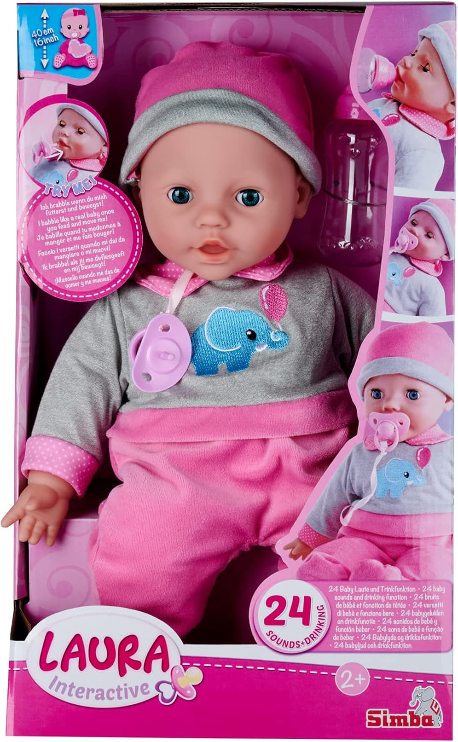 Simba 105140066 - Laura Interactieve, zachte lichaamspop met slaapogen, babbelt bij beweging, drinkt uit een fles en valt in slaap, 40 cm, babypop voor kinderen vanaf 2 jaar