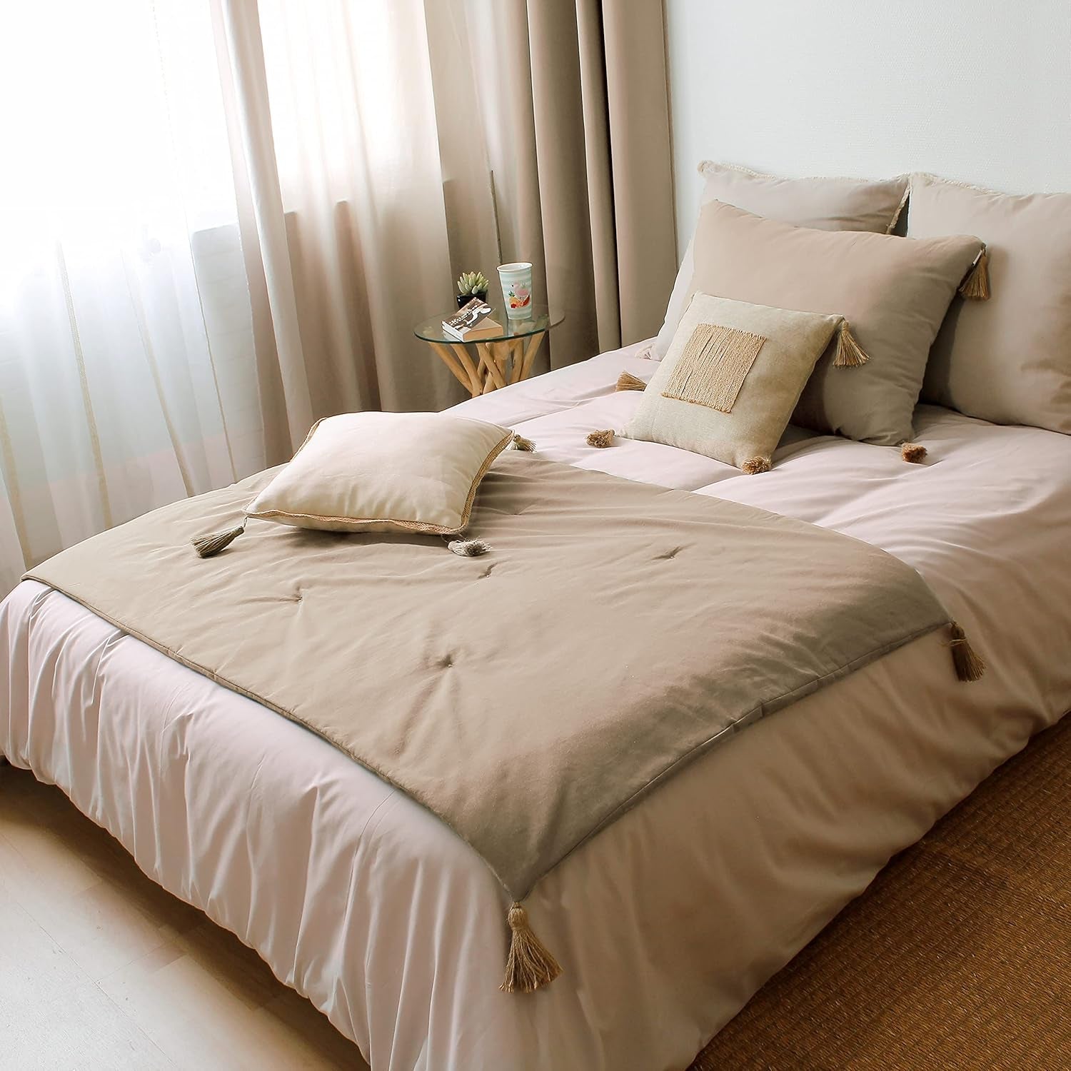 Enjoy Home Deken, Beige, Naturel, Met 4 Jute Pompons, 90 X 190 Cm, 100% Katoen, Oeko-Tex Gecertificeerd, Panama Collectie Naty Shop Dekens en Quilts