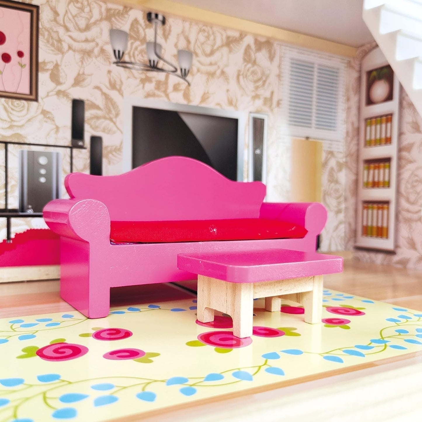 Bino World of Toys Poppenhuis met balkon, Speelgoed voor peuters vanaf 3 jaar, met 3 verdiepingen, trappen, 4 kamers en balkon incl. 15-TLG. Accessoires, Om de vaardigheden van kinderen te bevorderen, Roze design Naty Shop poppenhuizen