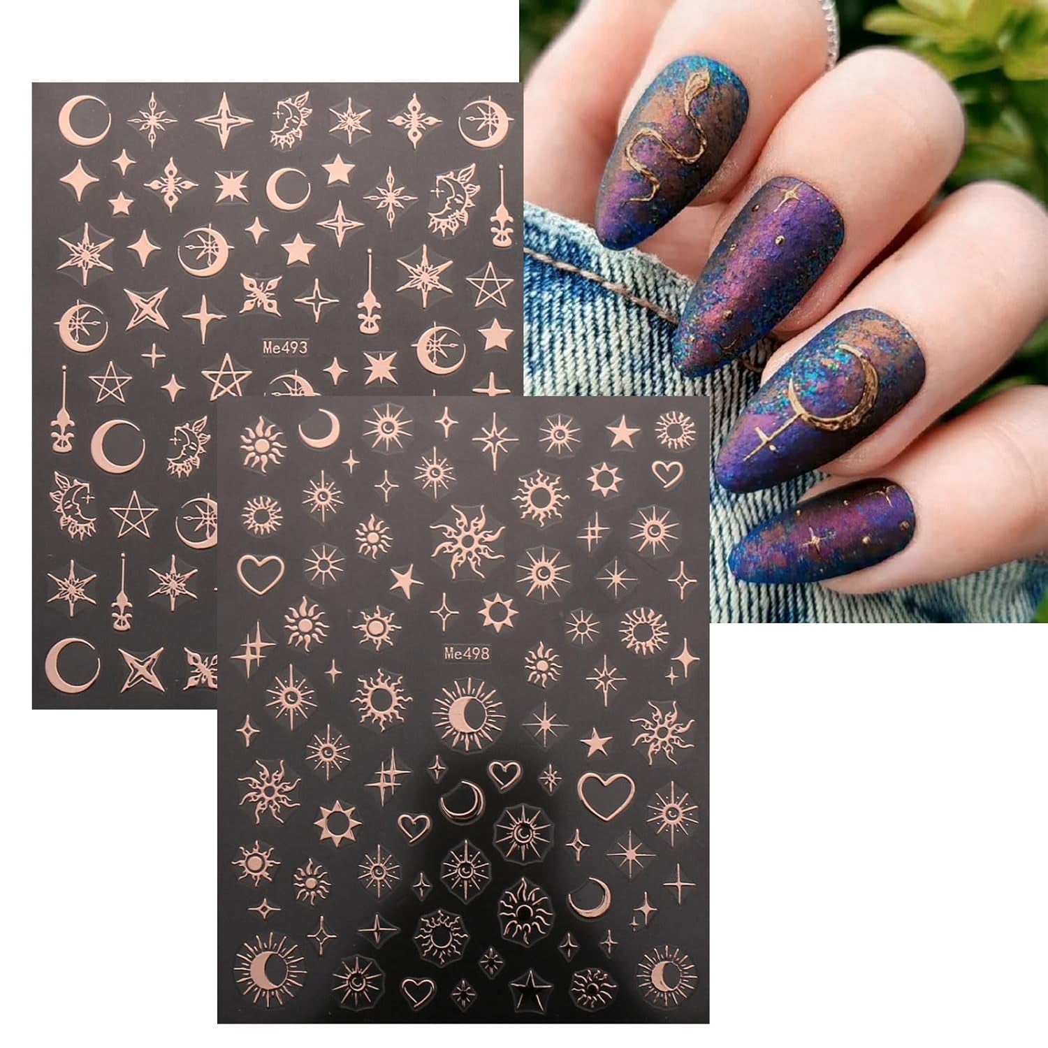 JMEOWIO Nagelsticker Mond Stern 10 Blatt Nail Art Sticker Selbstklebend Nagelaufkleber Roségold Decoratie Nageldesign Zubehör