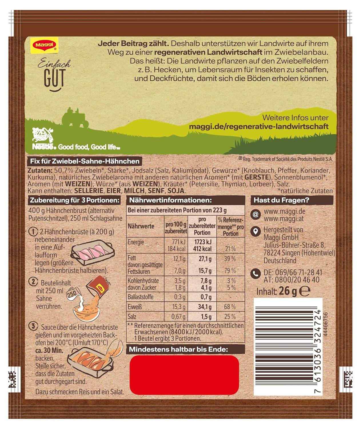 MAGGI Fix voor Zwiebel-Sahne Hähnchen, Würzmischung, met natürliche ingrediënt*, voor 3 porties, 1er-pakket (1 x 26 g)
