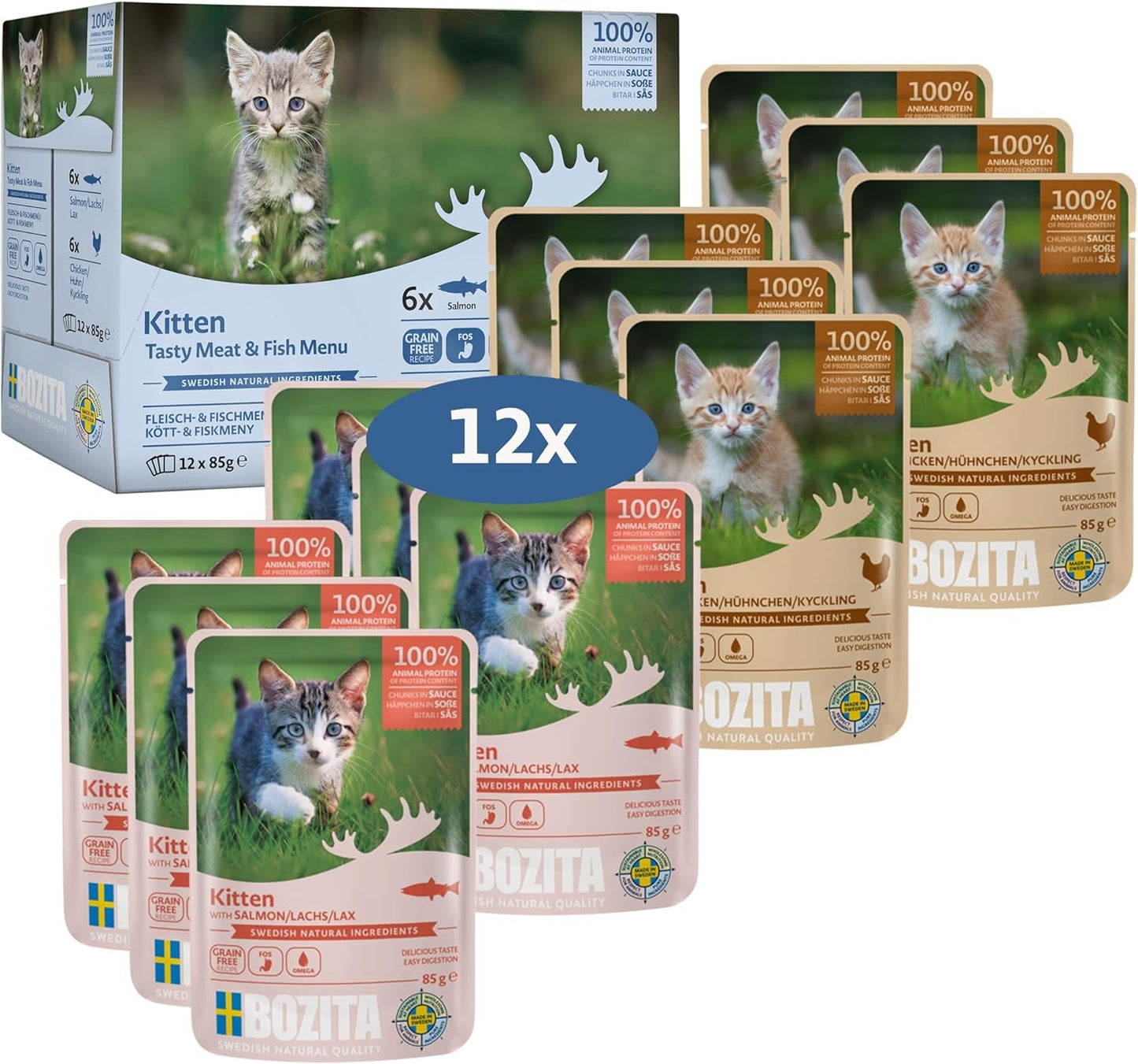 Bozita Nassfutter Häppchen in Sauce mit Fisch und Fleisch - 12x85g Portionsbeutel getreidefreies & weizenfreies Futter für Katzen - Katzennassfutter für Adult-Katzen met 8,5% eiwit en 4,5% fettgehalt
