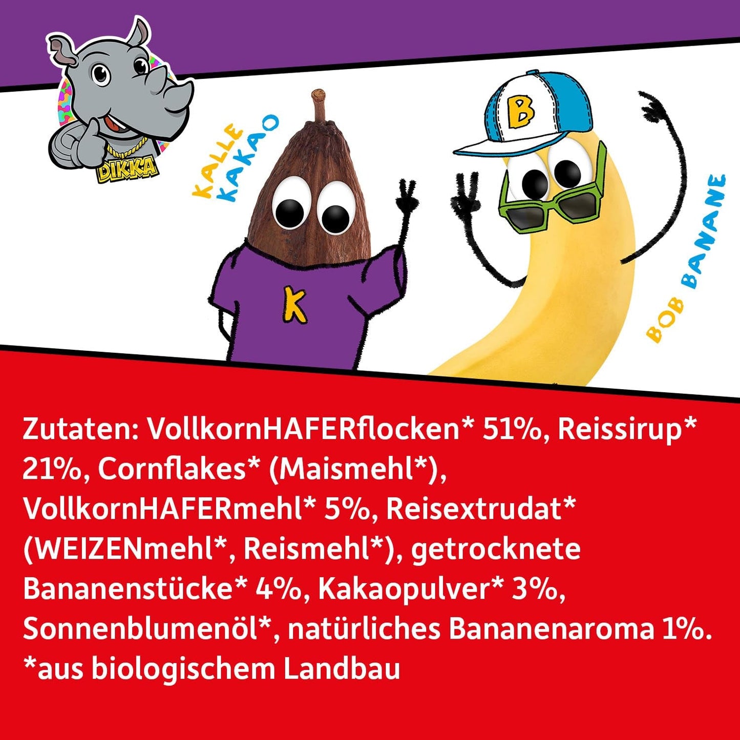 FRECHE FREUNDE KIDS, Bobs & DIKKAS Krokante banaan-cacaomuesli, knapperige chocolademuesli voor kinderen, suikerarm, geen toevoegingen, 100% veganistisch, 6 stuks (6 x 280 g)