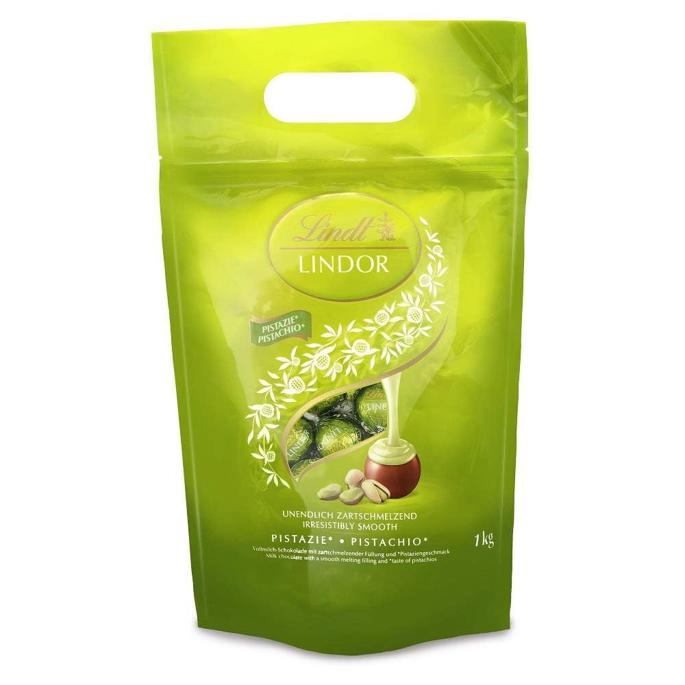 Lindt LINDOR Chocolade met Pistache | Hersluitbare zak van 1 kg | ca. 80 Melkchocoladeballetjes met smeltende pistacheroomvulling | Bulkverpakking, pralinegeschenk