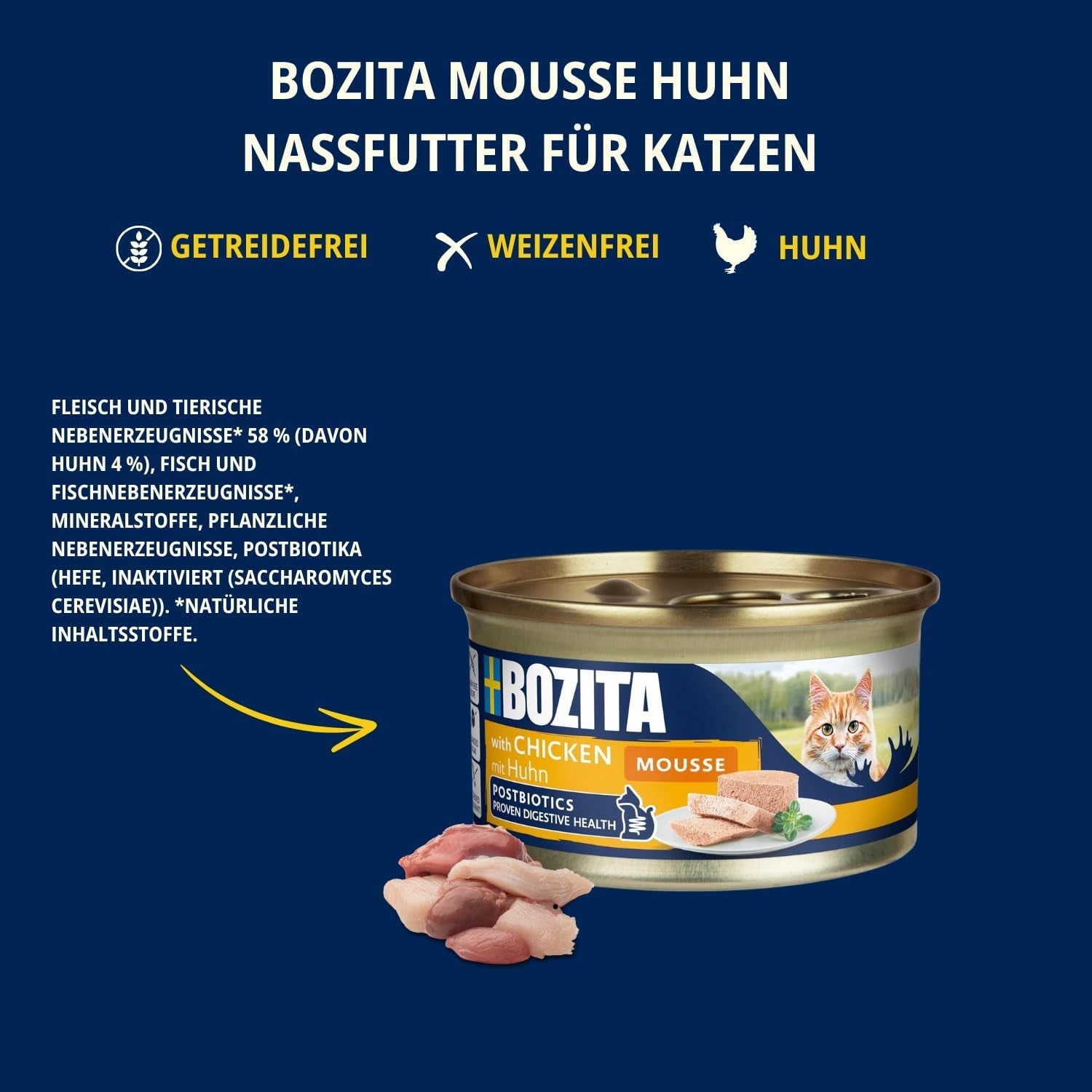 Bozita Mousse Kip - 12 x 85 g nat kattenvoer met een fijne textuur van mousse en kip - graanvrije receptuur, geen toegevoegde suikers - met postbiotica ter ondersteuning van een gezonde darmflora