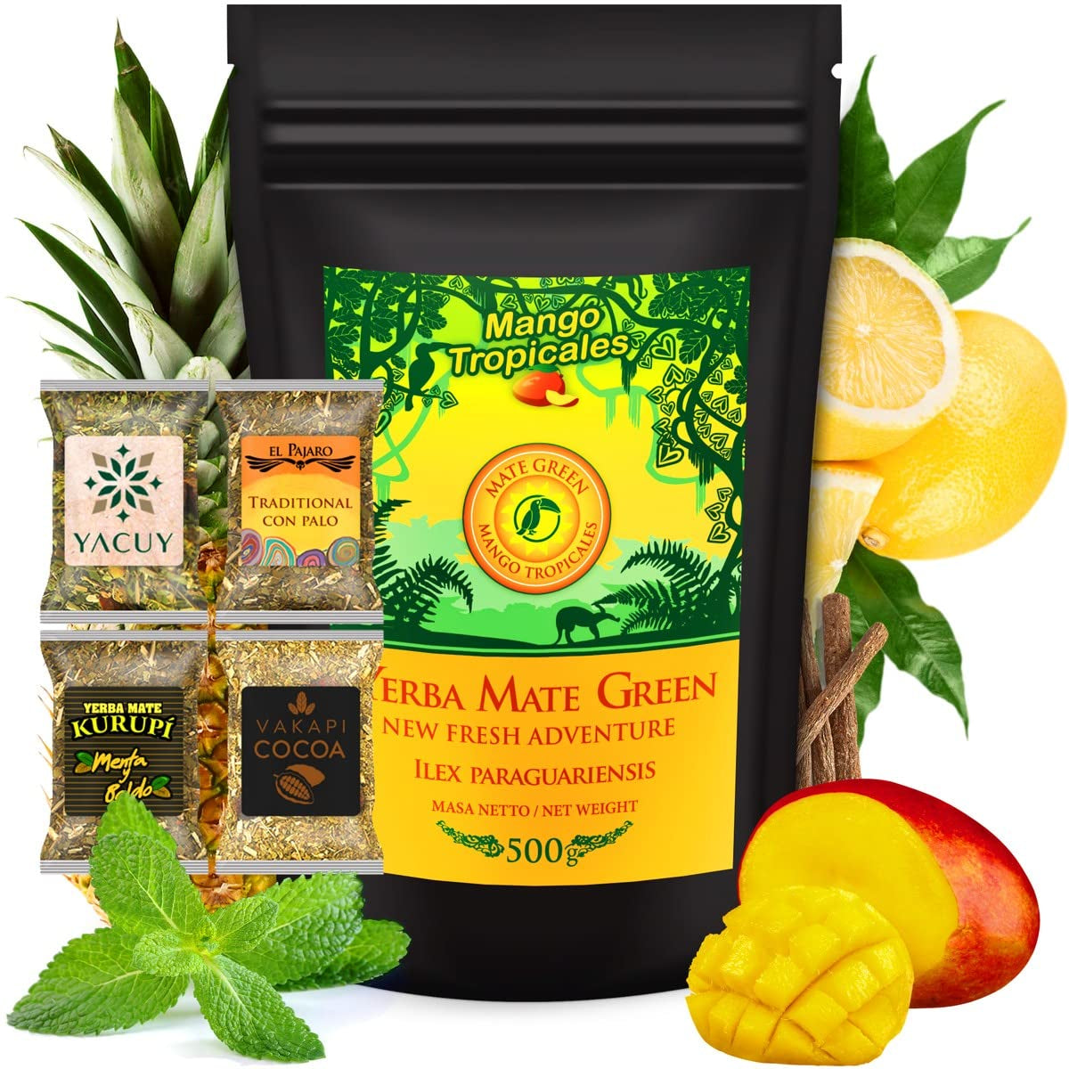 Yerba Mate Theeset ● Mango Tropicales Mate Thee 500G ● Mate Theeset 4X25G ● Mate Thee met Fruit ● Yerba Mate Thee met Mango, Ananas, Citroen