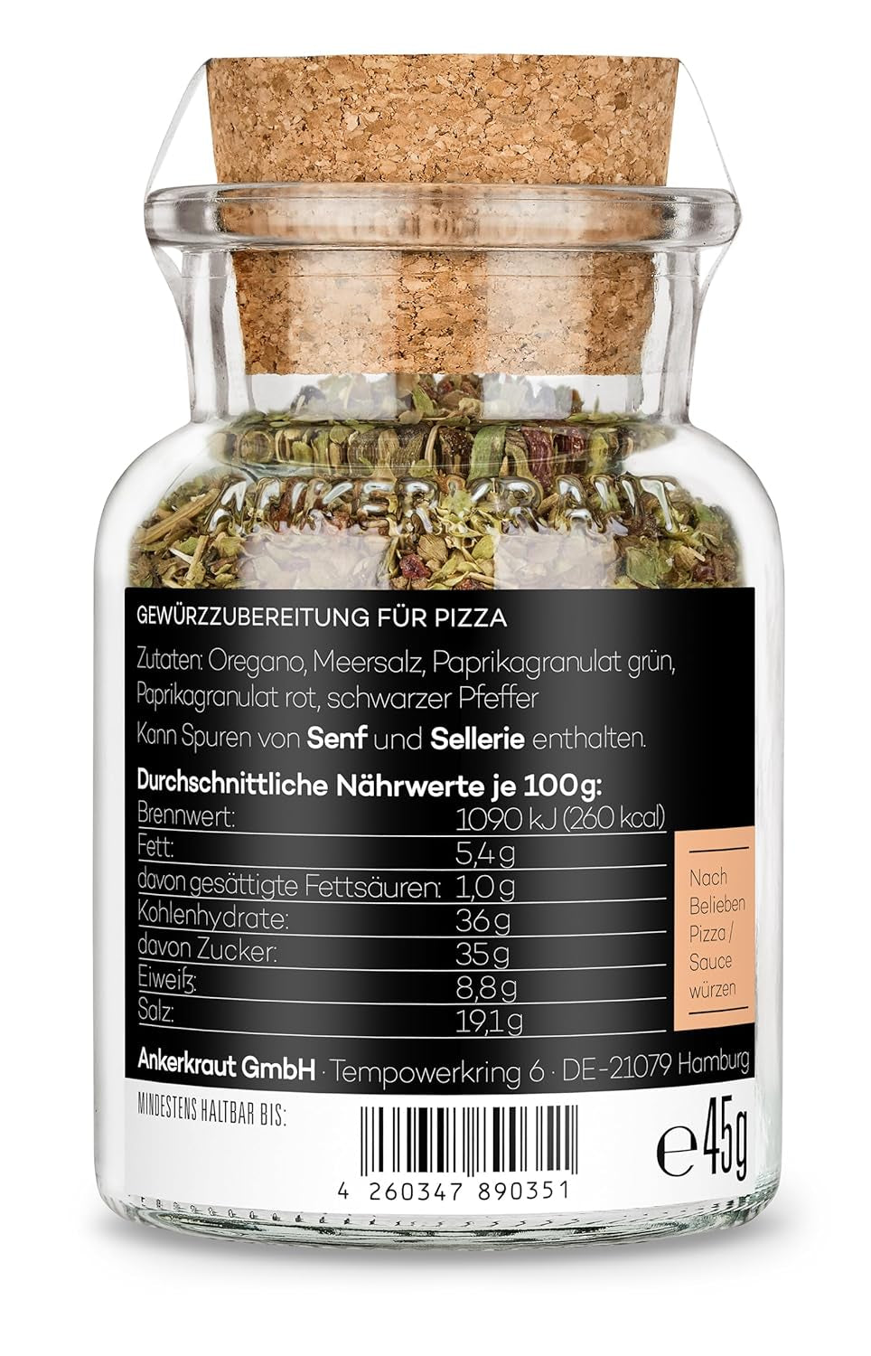 Ankerkraut Pizza, voor originele Italiaanse smaak, zoals uit de Steinofen, ook voor Pasta, Tomaat-Mozzarella en vele andere gerechten, 45 g in kurkglas