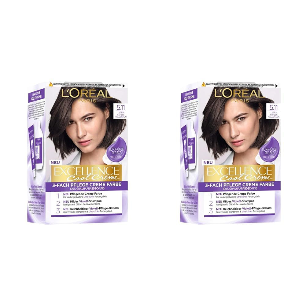 L'Oréal Paris Permanente haarverf met ultrakoel kleurresultaat, 100% dekking van grijs haar, set met kleurstof, shampoo en verzorgende crème, Excellence Cool, nr. 5.11 Lichtbruin (bruin) (pak van 2) Naty Shop haarverf Standaardtitel