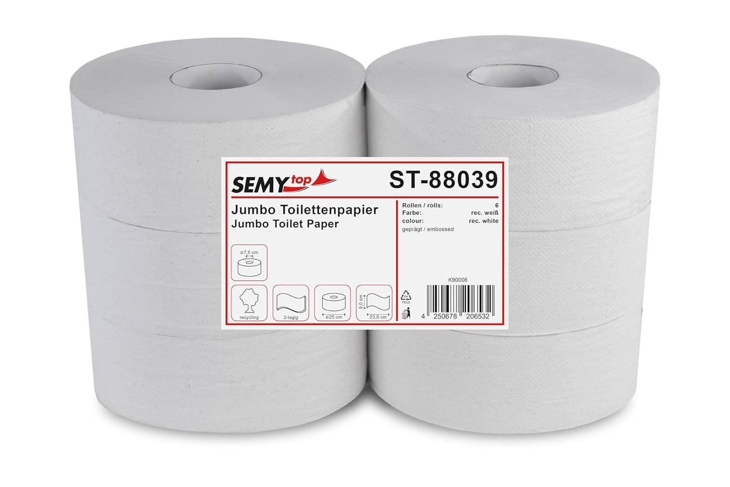 Semi Top ST-88039 Jumbo Toiletpapier, 2-laags, gerecycled, 25 cm diameter (pak van 6)