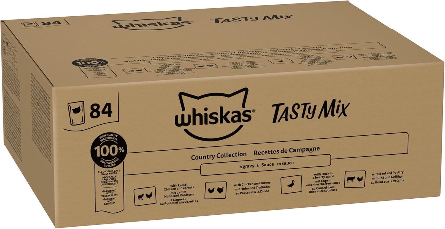 Whiskas Adult Natvoer 1+ Lekkere Mix Country Collection in Saus, 84 Zakjes, 84 x 85 g (1 Bulkverpakking) - Hoogwaardig natvoer voor volwassen katten