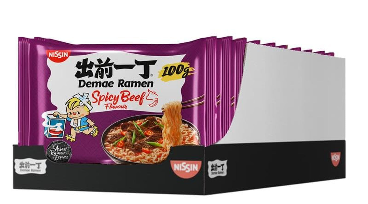 Nissin Demae Ramen - Pittig rundvlees 10-pack Japanse stijl instantnoedels met rundvleessmaak en Aziatische kruiden Snel en gemakkelijk te bereiden Aziatisch eten (10 x 100 g)