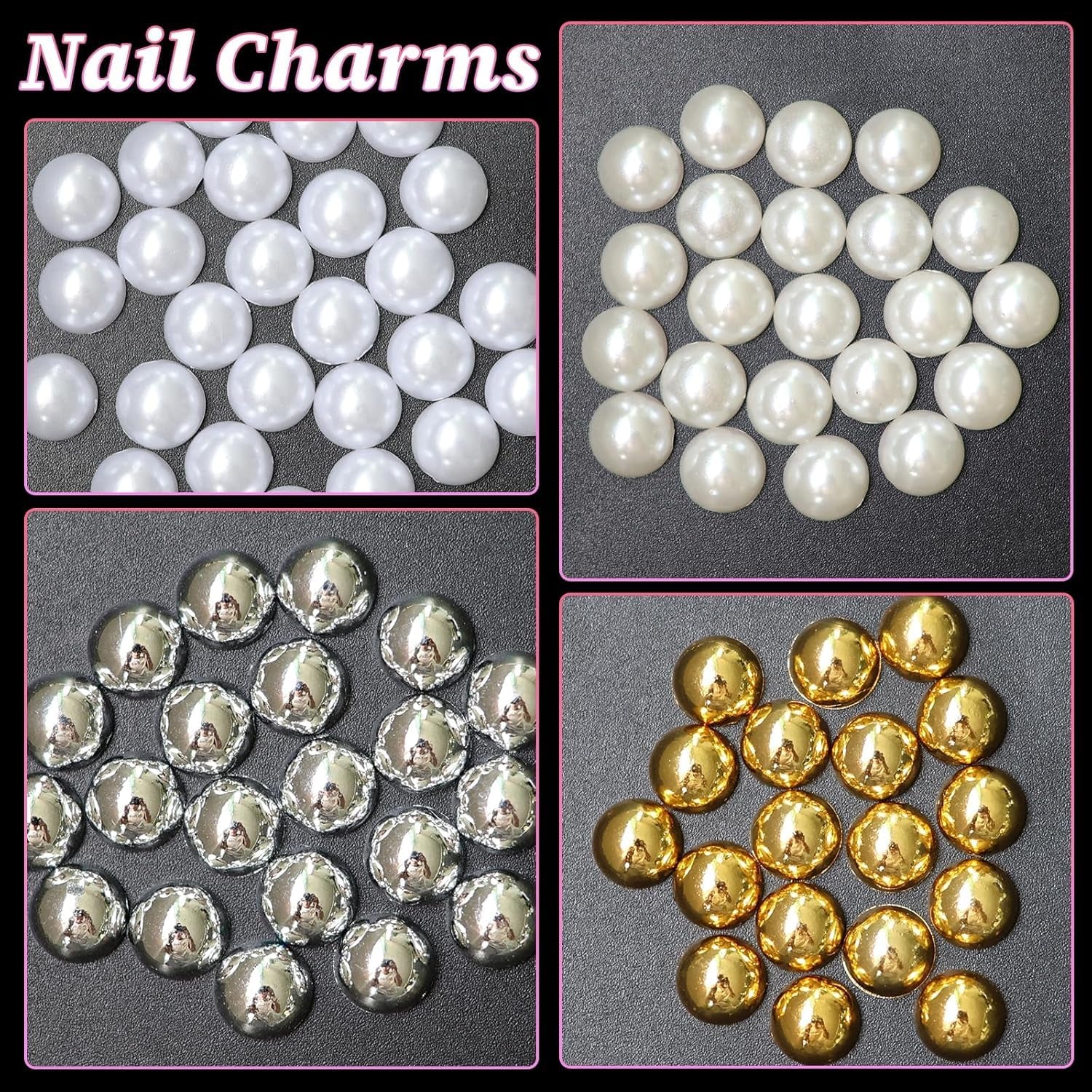 GZMAYUEN 920 Stuks Goud Zilver Plaksteen Perlen Voor Nagel, Halbrunde Weiße Beige Nagel Perlen, Kleine Halbrunde Plaksteen Perlen Voor DIY Nail Art Decor