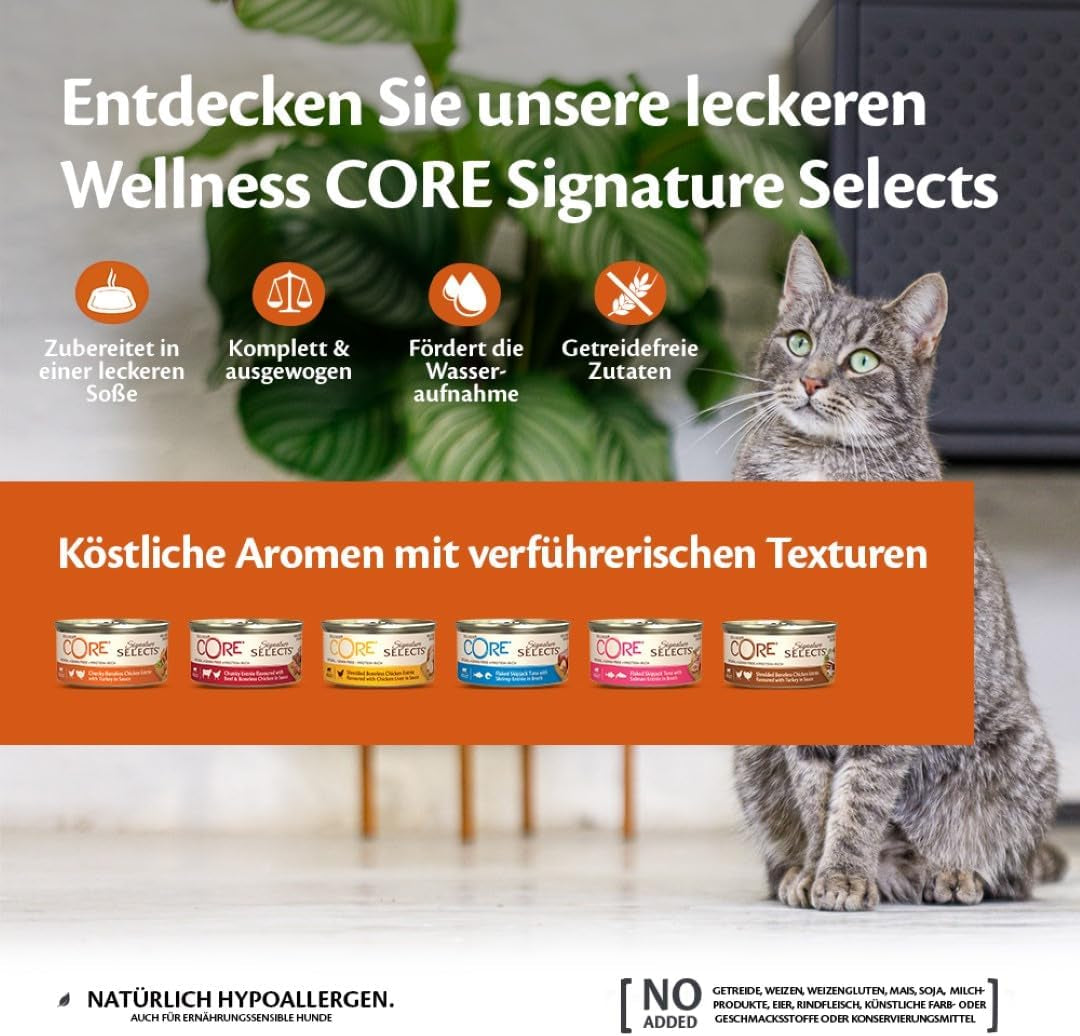 Wellness CORE Signature Selects 8 x 79g, Mix Rundvlees, Kip en Kalkoen - Nat kattenvoer, heerlijke reepjes in saus, graanvrij, natuurlijk, hypoallergeen, rijk aan eiwitten, rijk aan vlees