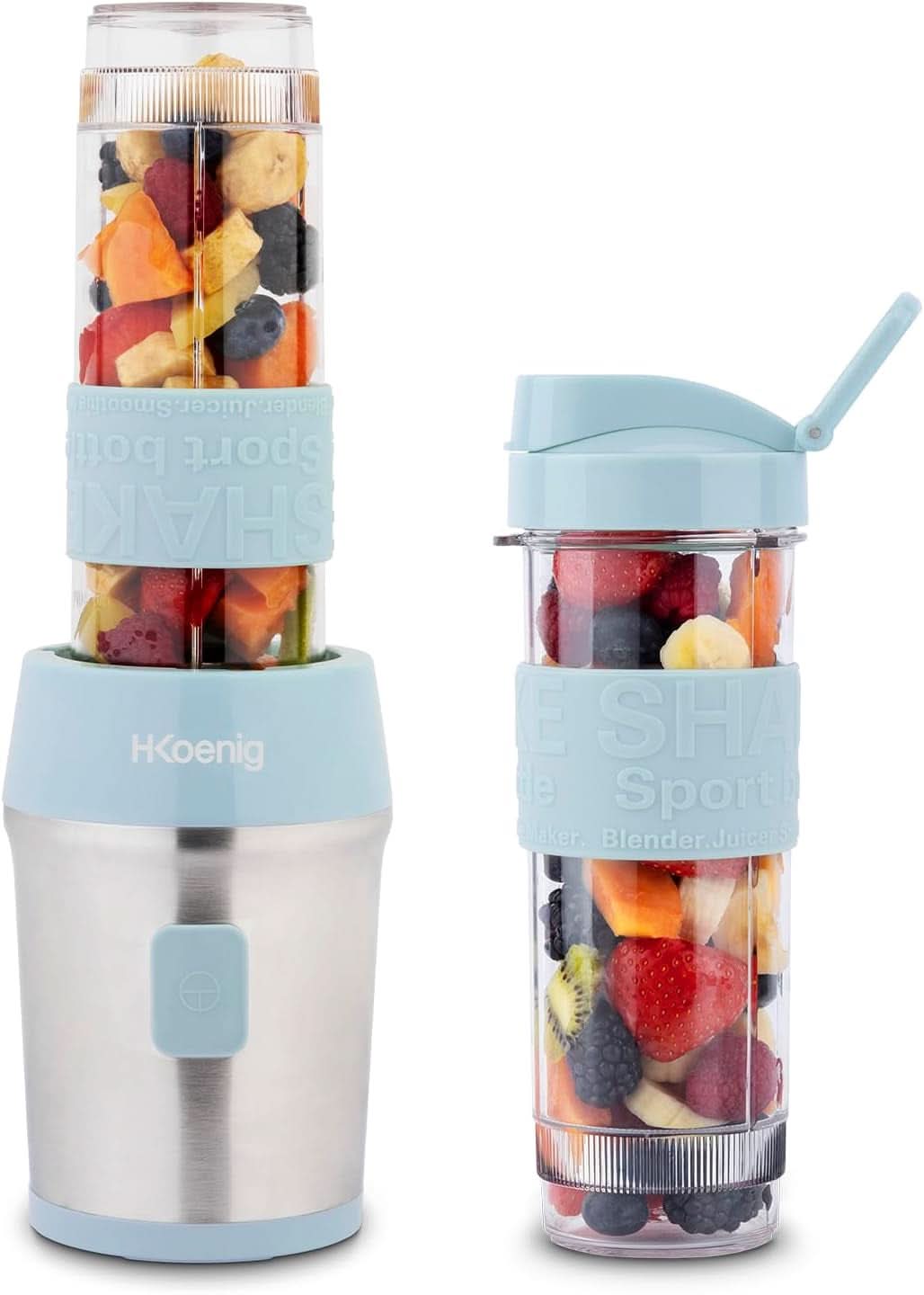 H.Koenig Smoothie Maker SMOO9 - Mini Standmixer - Mini Blender - 300 Watt - 570 Ml - Edelstahl - 2 Kunststofflesjes - Bpa-vrij, Grau Kitchen Naty Shop Pastelblau