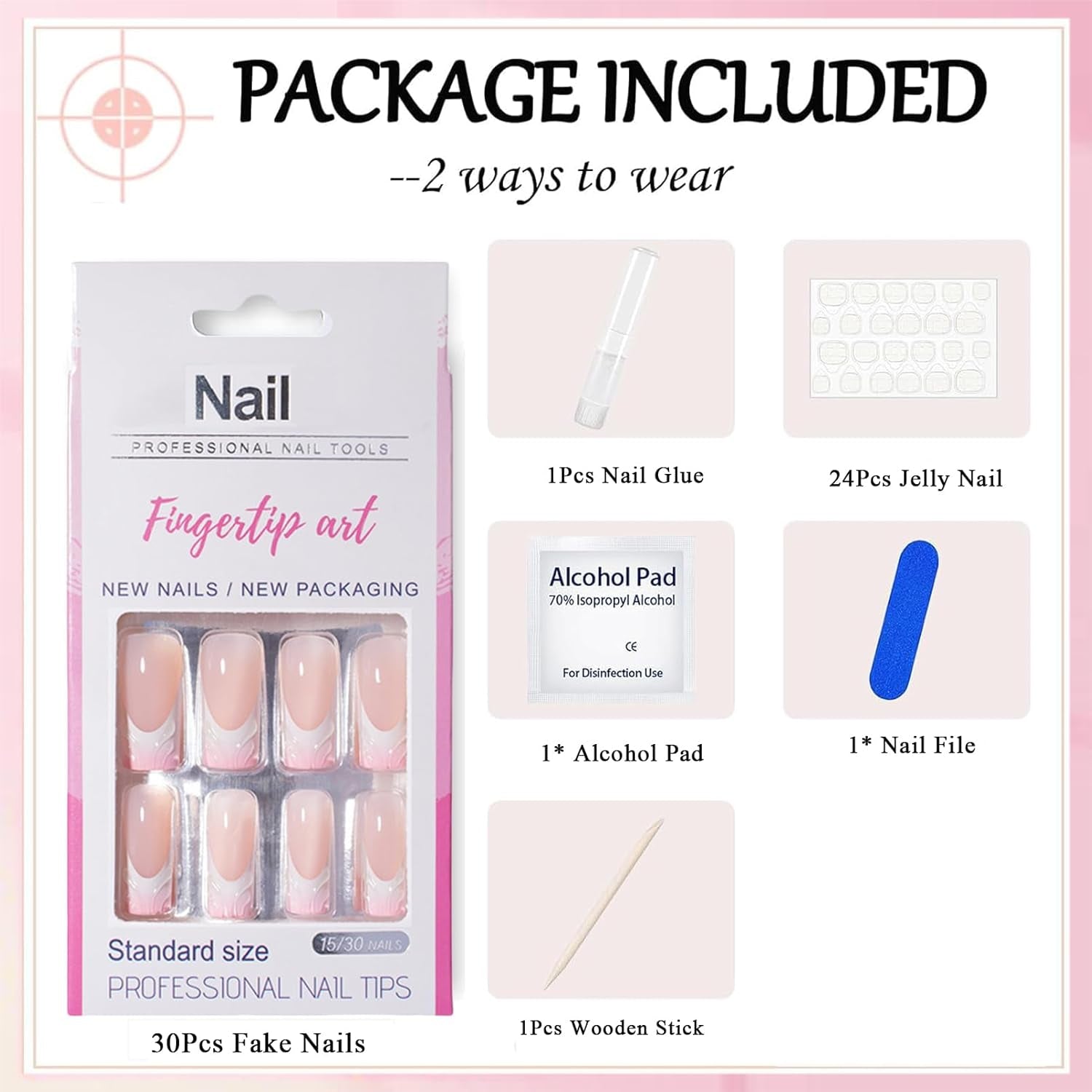 30 stuks Franse nepnagels - lijm op kunstnagels - zachte gelnagels voor dames - acryl zelfklevende nagels vierkante manicure (Frans roze)