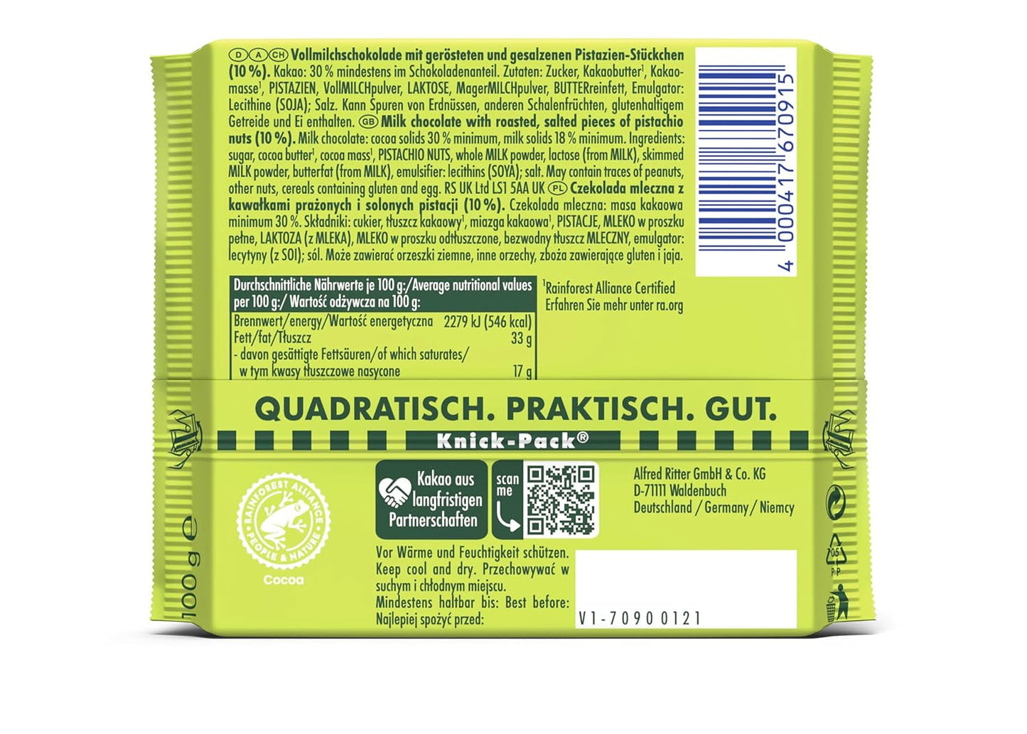 Ritter Sport Pistachio, melkchocolade met fijne stukjes pistache, een chocoladeklassieker, perfect om te snoepen en te genieten, een geweldig cadeau-idee, 12 repen x 100 g
