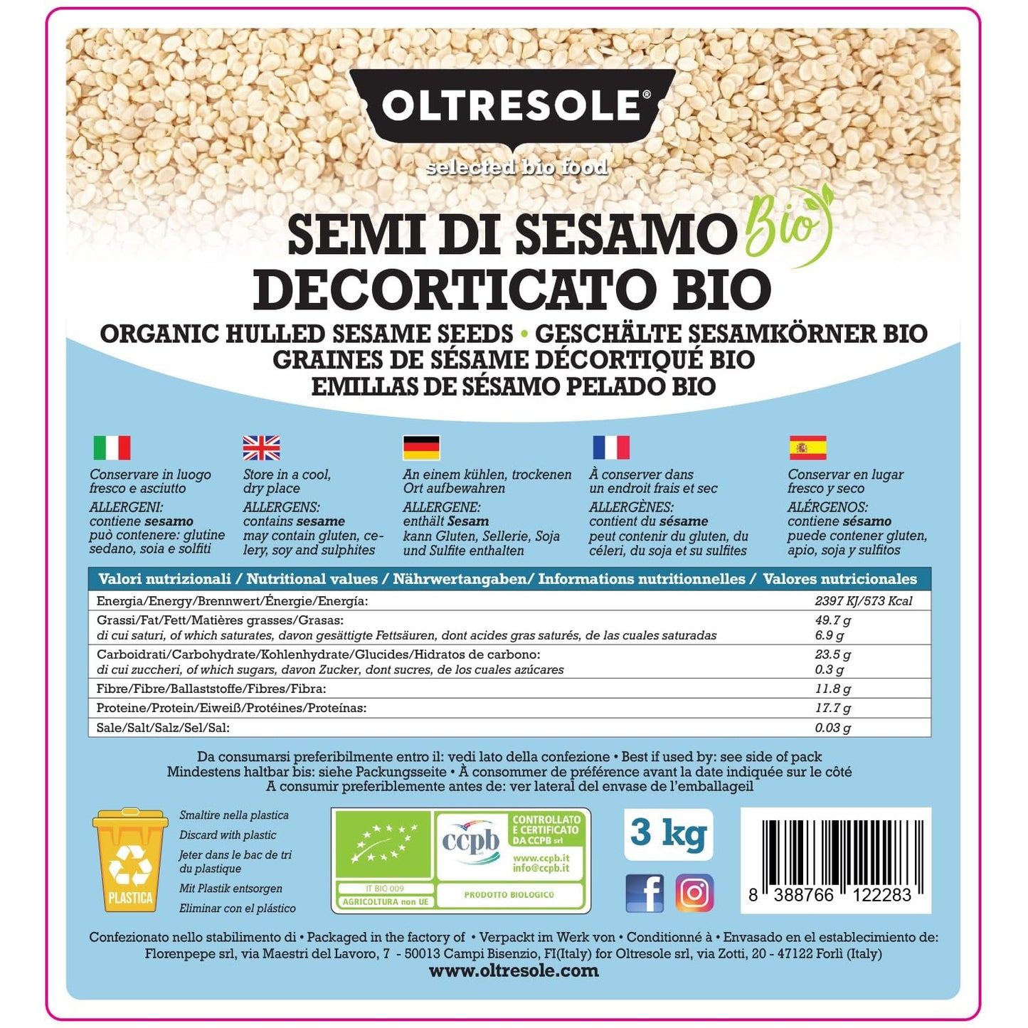 Biologische sesamzaadjes 3kg, rauwe biologische oliezaden, witte sesam, natuurlijk gepeld, ongebrand, bron van calcium en ijzer, voordeelpakket