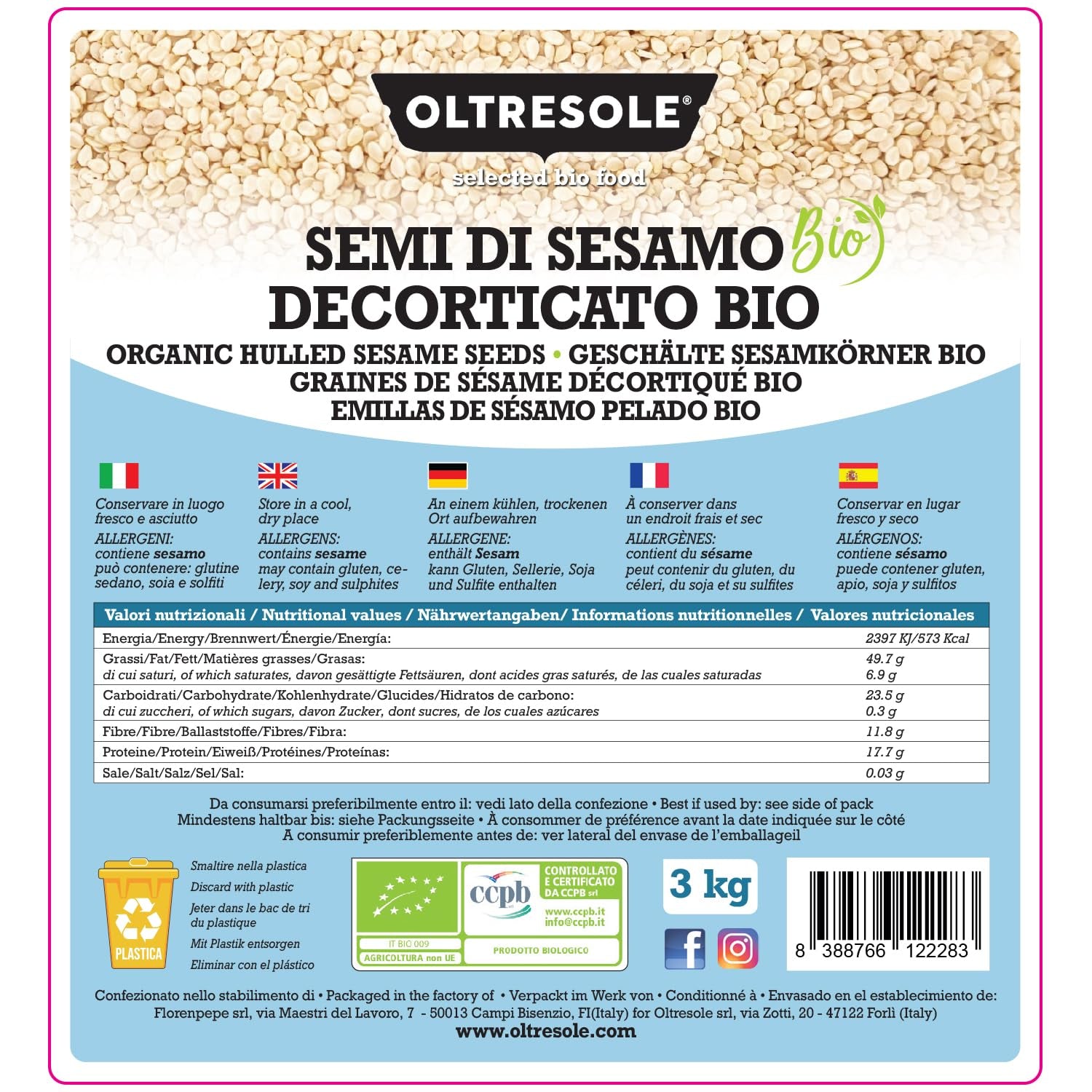 Biologische sesamzaadjes 3kg, rauwe biologische oliezaden, witte sesam, natuurlijk gepeld, ongebrand, bron van calcium en ijzer, voordeelpakket